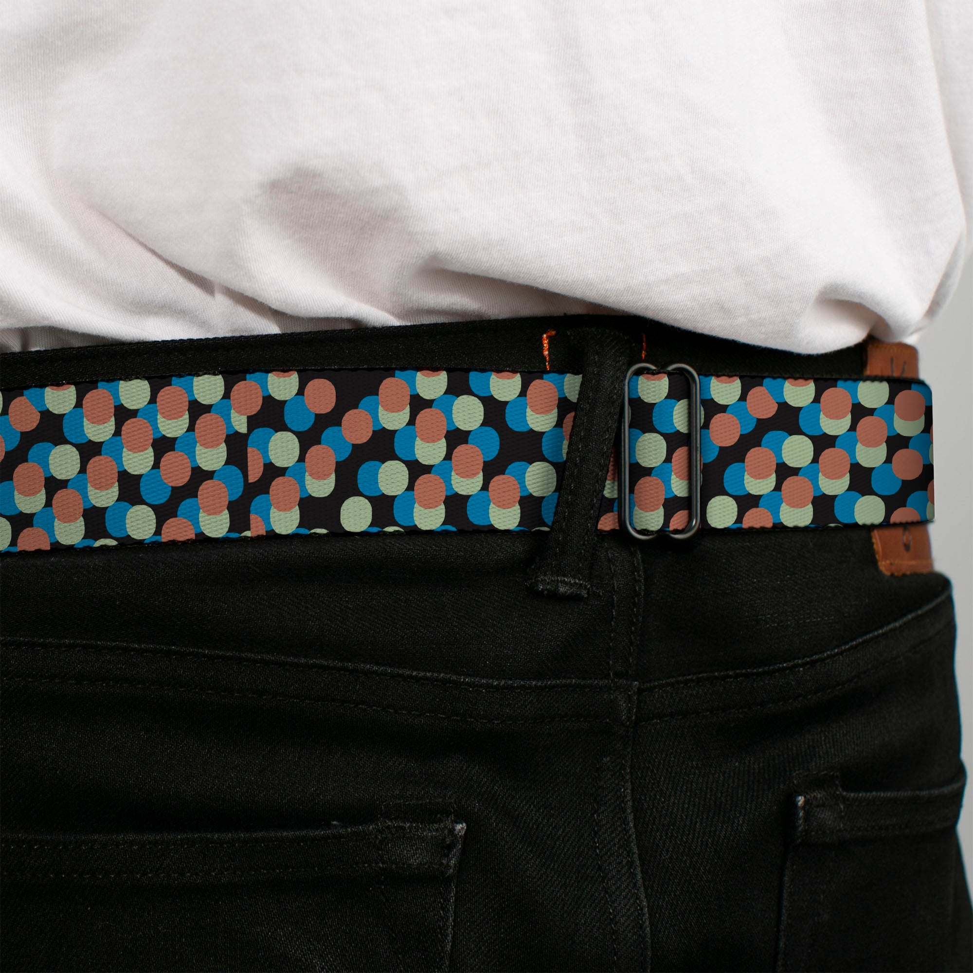 BD Wings Logo CLOSE-UP Full Color Black Silver Seatbelt Belt - Polka Dots Stacked Black/Blue/Sage/Brown Webbing Seatbelt Belts Buckle-Down