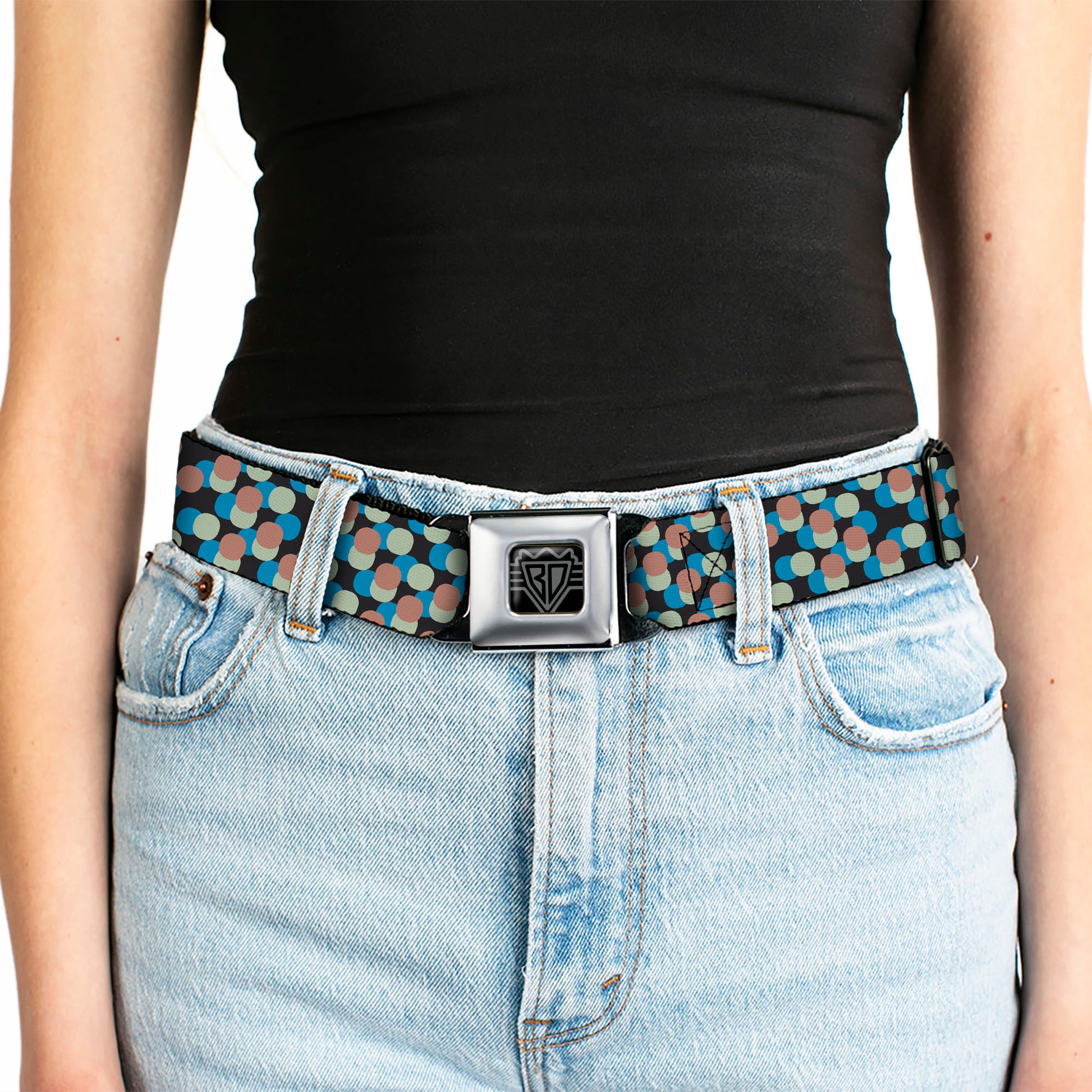 BD Wings Logo CLOSE-UP Full Color Black Silver Seatbelt Belt - Polka Dots Stacked Black/Blue/Sage/Brown Webbing Seatbelt Belts Buckle-Down