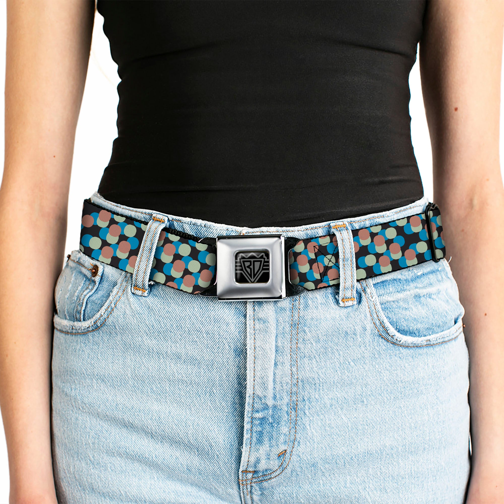BD Wings Logo CLOSE-UP Full Color Black Silver Seatbelt Belt - Polka Dots Stacked Black/Blue/Sage/Brown Webbing Seatbelt Belts Buckle-Down