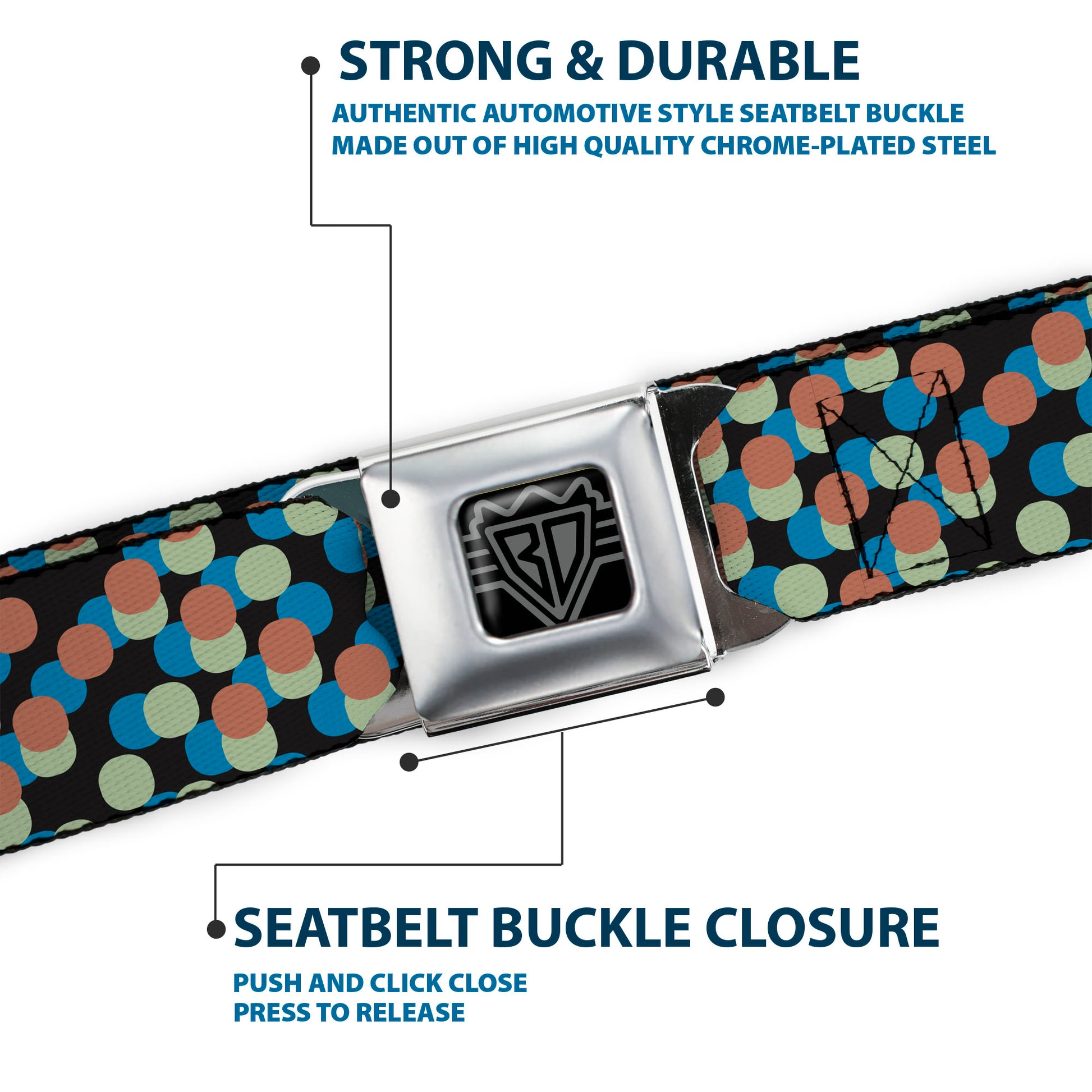 BD Wings Logo CLOSE-UP Full Color Black Silver Seatbelt Belt - Polka Dots Stacked Black/Blue/Sage/Brown Webbing Seatbelt Belts Buckle-Down