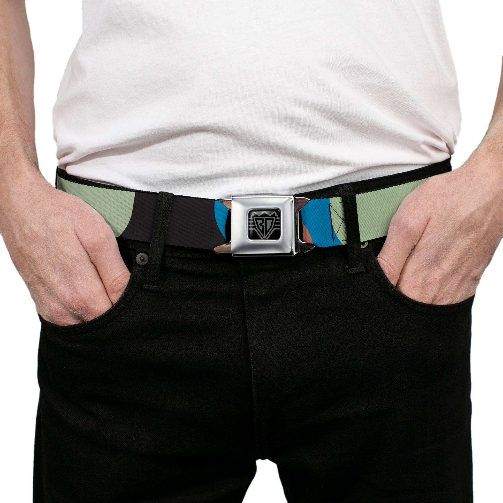 BD Wings Logo CLOSE-UP Full Color Black Silver Seatbelt Belt - Polka Dots CLOSE-UP Black/Blue/Sage/Brown Webbing Seatbelt Belts Buckle-Down