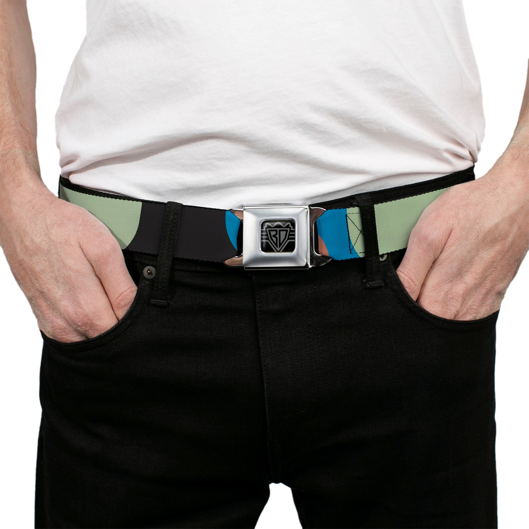 BD Wings Logo CLOSE-UP Full Color Black Silver Seatbelt Belt - Polka Dots CLOSE-UP Black/Blue/Sage/Brown Webbing Seatbelt Belts Buckle-Down