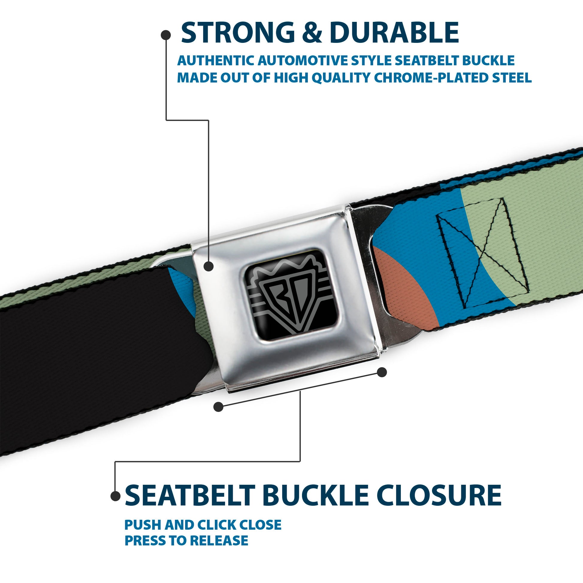 BD Wings Logo CLOSE-UP Full Color Black Silver Seatbelt Belt - Polka Dots CLOSE-UP Black/Blue/Sage/Brown Webbing Seatbelt Belts Buckle-Down