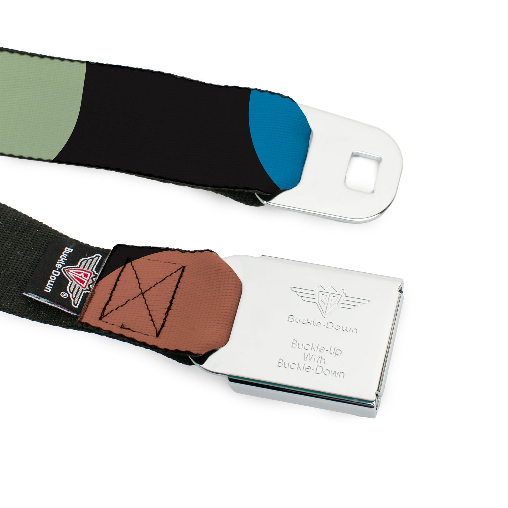 BD Wings Logo CLOSE-UP Full Color Black Silver Seatbelt Belt - Polka Dots CLOSE-UP Black/Blue/Sage/Brown Webbing Seatbelt Belts Buckle-Down