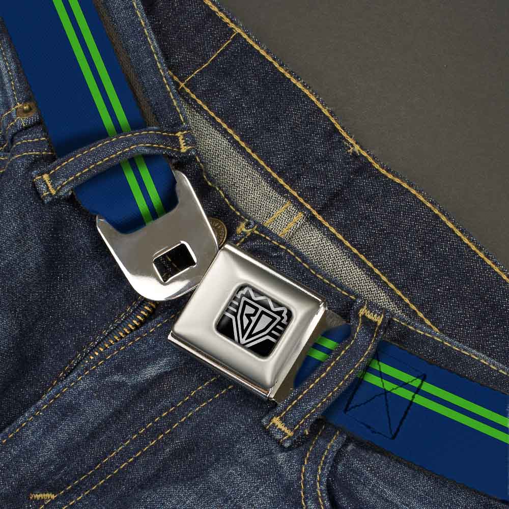 BD Wings Logo CLOSE-UP Full Color Black Silver Seatbelt Belt - Racing Stripe Navy/Bright Green Webbing Seatbelt Belts Buckle-Down