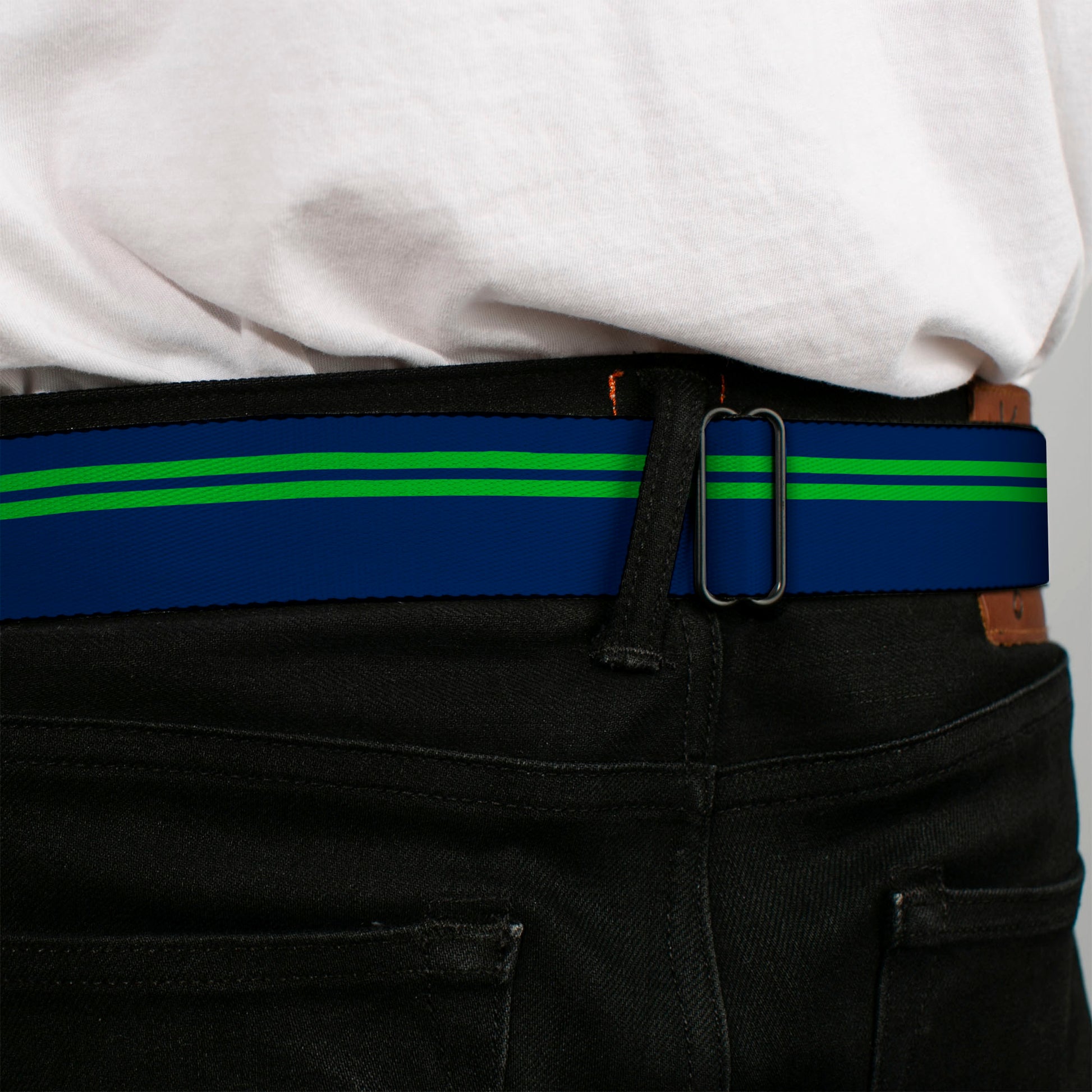 BD Wings Logo CLOSE-UP Full Color Black Silver Seatbelt Belt - Racing Stripe Navy/Bright Green Webbing Seatbelt Belts Buckle-Down