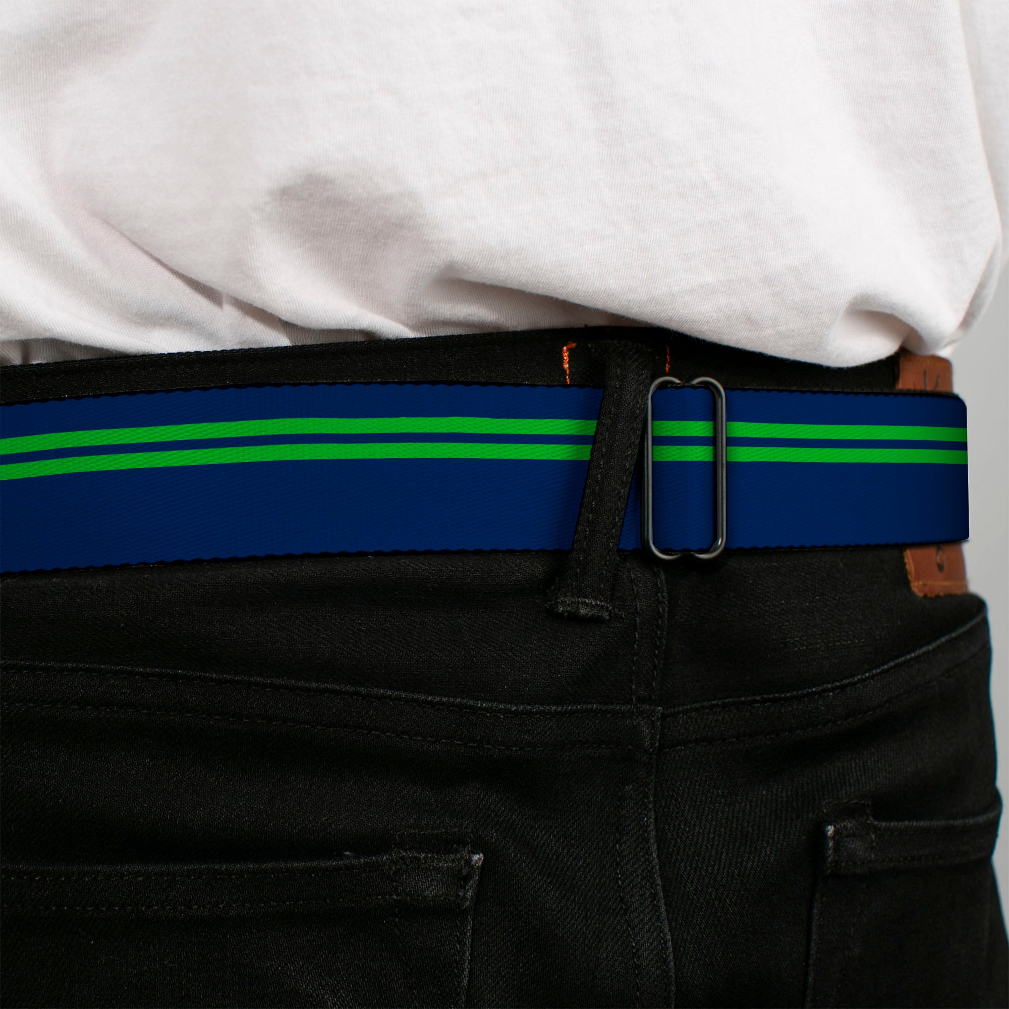 BD Wings Logo CLOSE-UP Full Color Black Silver Seatbelt Belt - Racing Stripe Navy/Bright Green Webbing Seatbelt Belts Buckle-Down