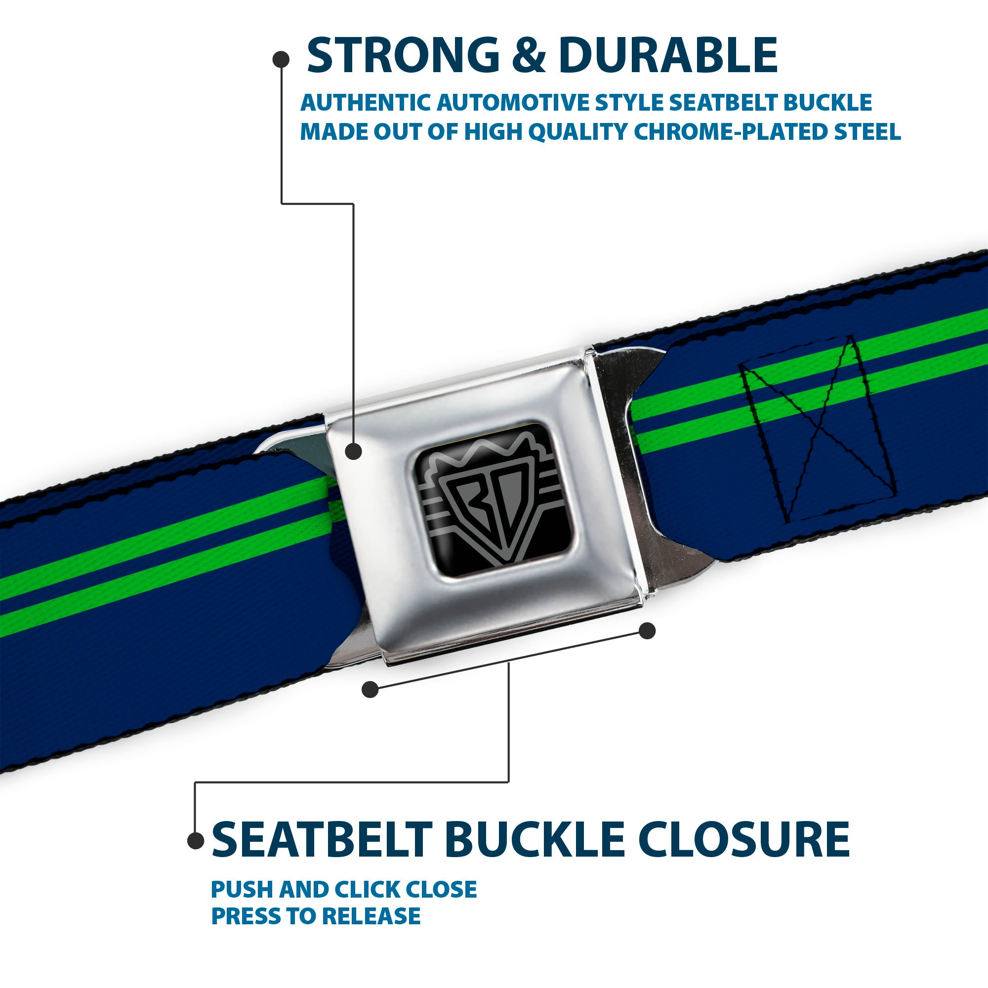 BD Wings Logo CLOSE-UP Full Color Black Silver Seatbelt Belt - Racing Stripe Navy/Bright Green Webbing Seatbelt Belts Buckle-Down