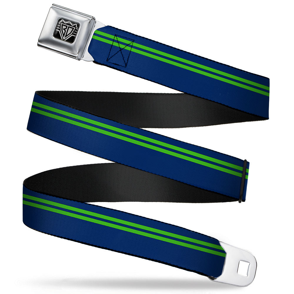 BD Wings Logo CLOSE-UP Full Color Black Silver Seatbelt Belt - Racing Stripe Navy/Bright Green Webbing Seatbelt Belts Buckle-Down