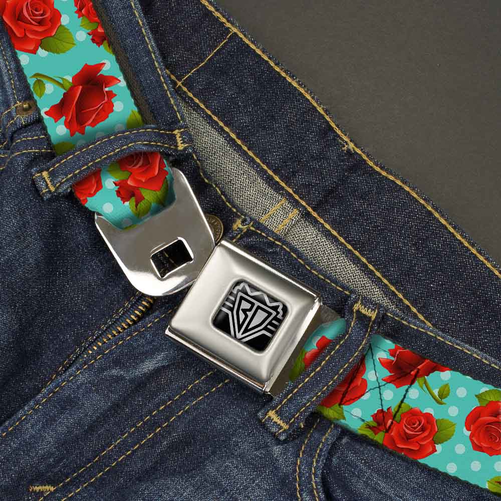 BD Wings Logo CLOSE-UP Full Color Black Silver Seatbelt Belt - Red Roses/Polka Dots Turquoise Webbing Seatbelt Belts Buckle-Down
