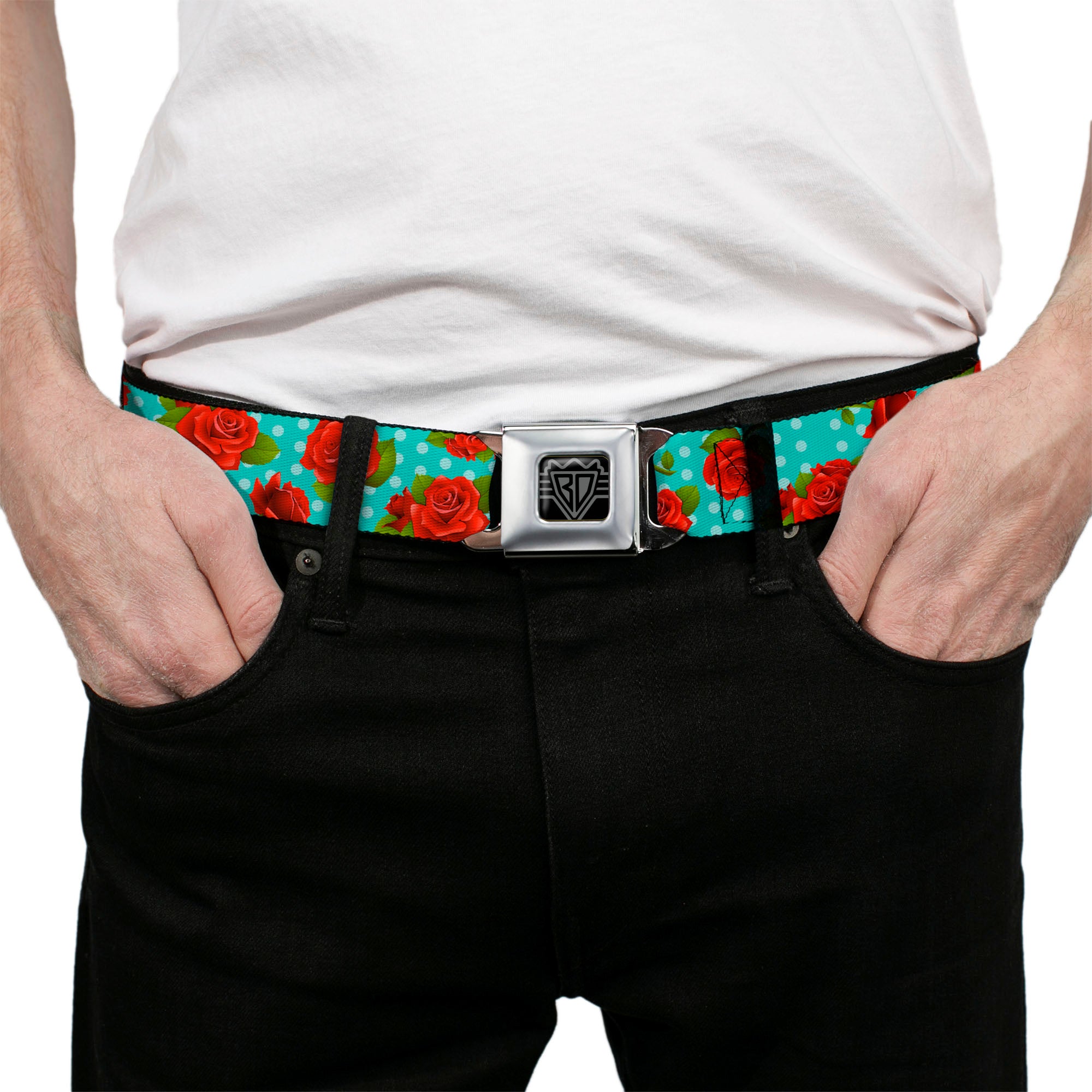 BD Wings Logo CLOSE-UP Full Color Black Silver Seatbelt Belt - Red Roses/Polka Dots Turquoise Webbing Seatbelt Belts Buckle-Down