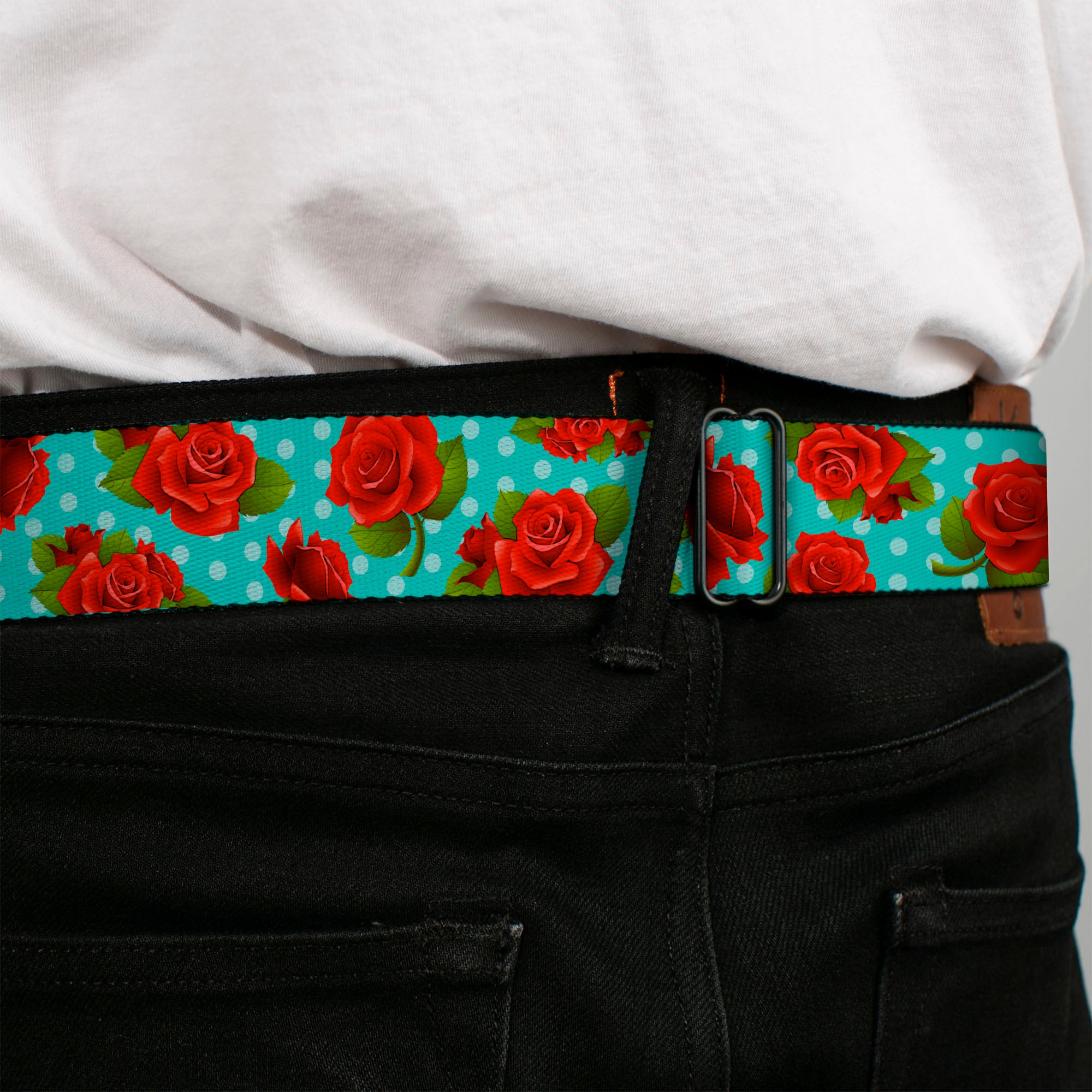BD Wings Logo CLOSE-UP Full Color Black Silver Seatbelt Belt - Red Roses/Polka Dots Turquoise Webbing Seatbelt Belts Buckle-Down
