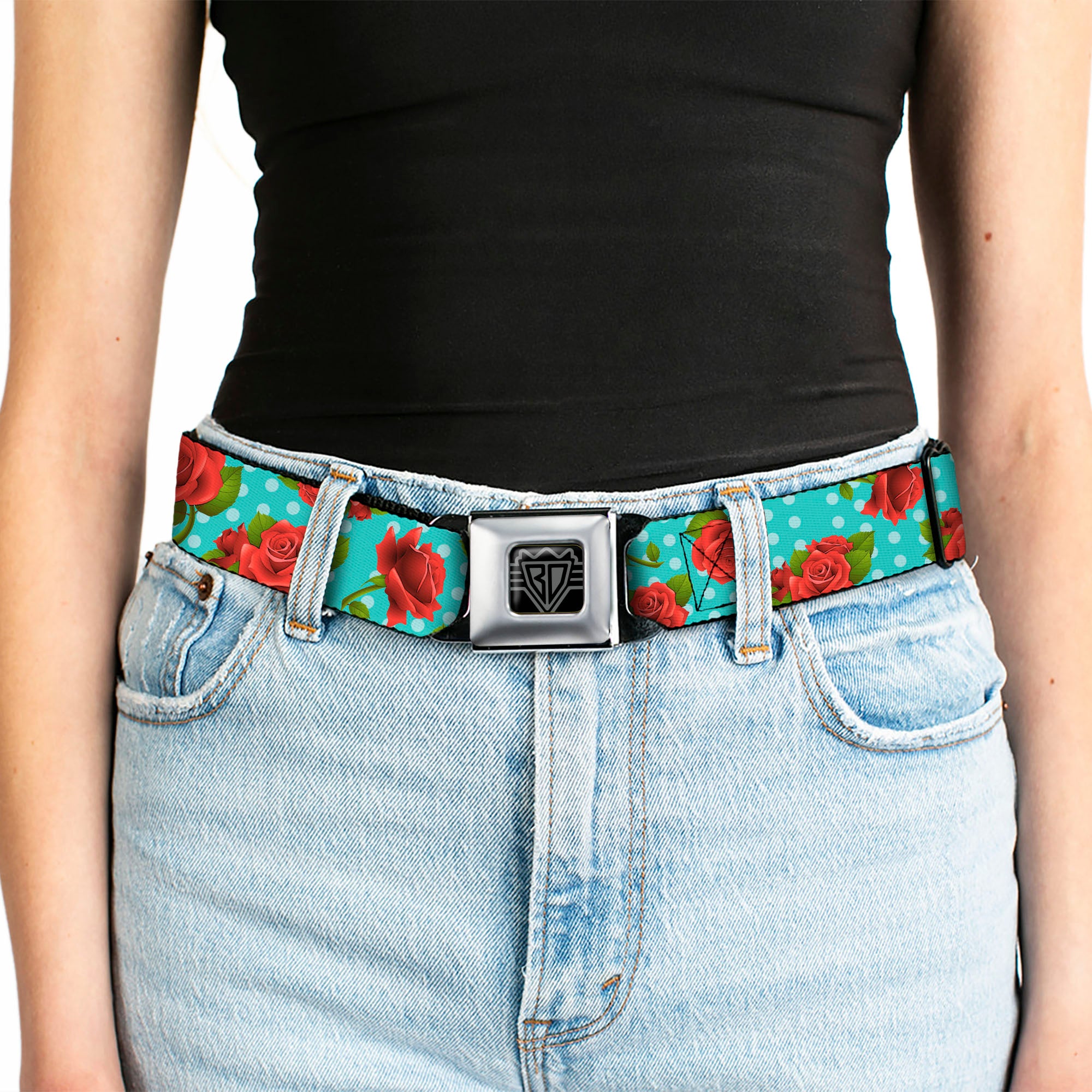 BD Wings Logo CLOSE-UP Full Color Black Silver Seatbelt Belt - Red Roses/Polka Dots Turquoise Webbing Seatbelt Belts Buckle-Down