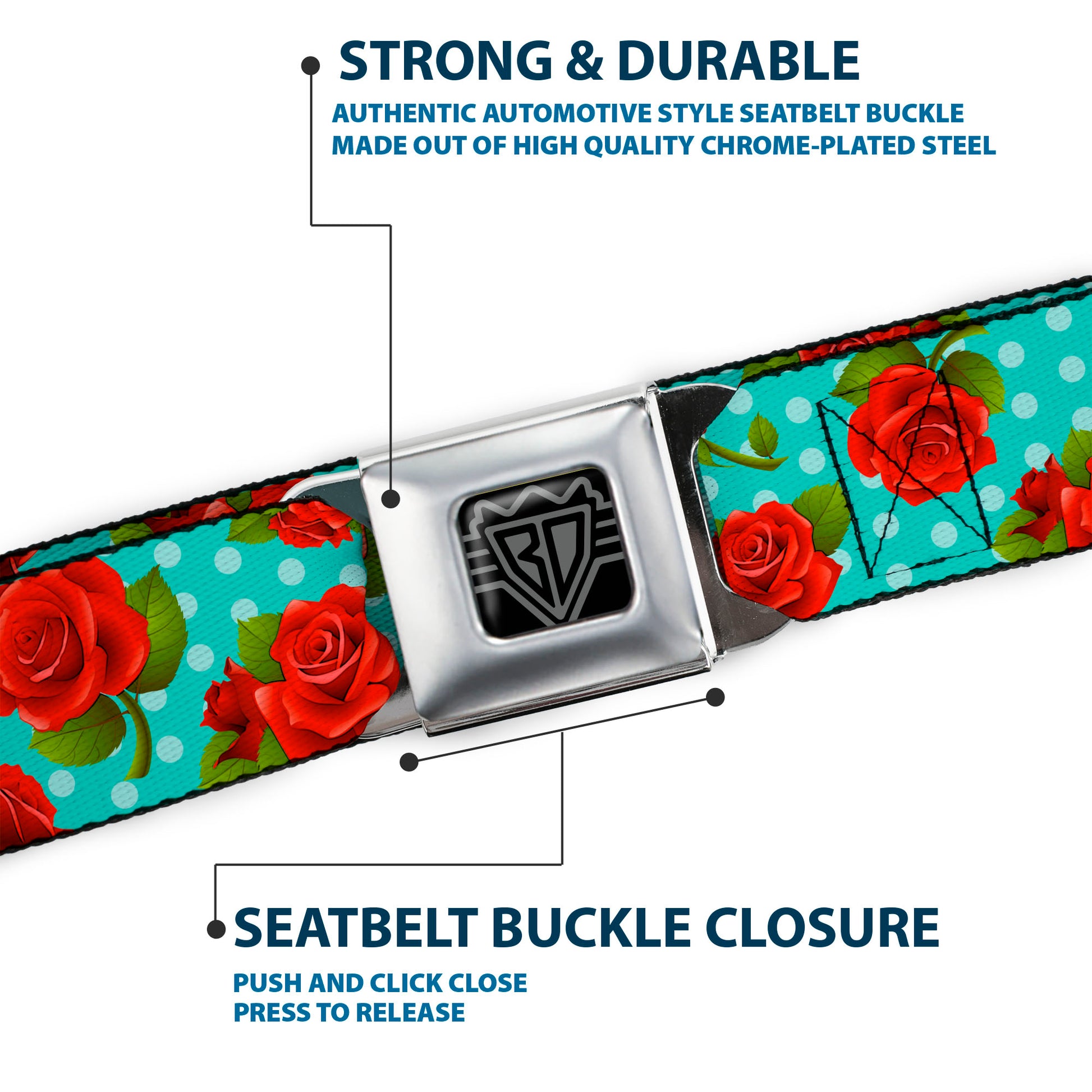 BD Wings Logo CLOSE-UP Full Color Black Silver Seatbelt Belt - Red Roses/Polka Dots Turquoise Webbing Seatbelt Belts Buckle-Down