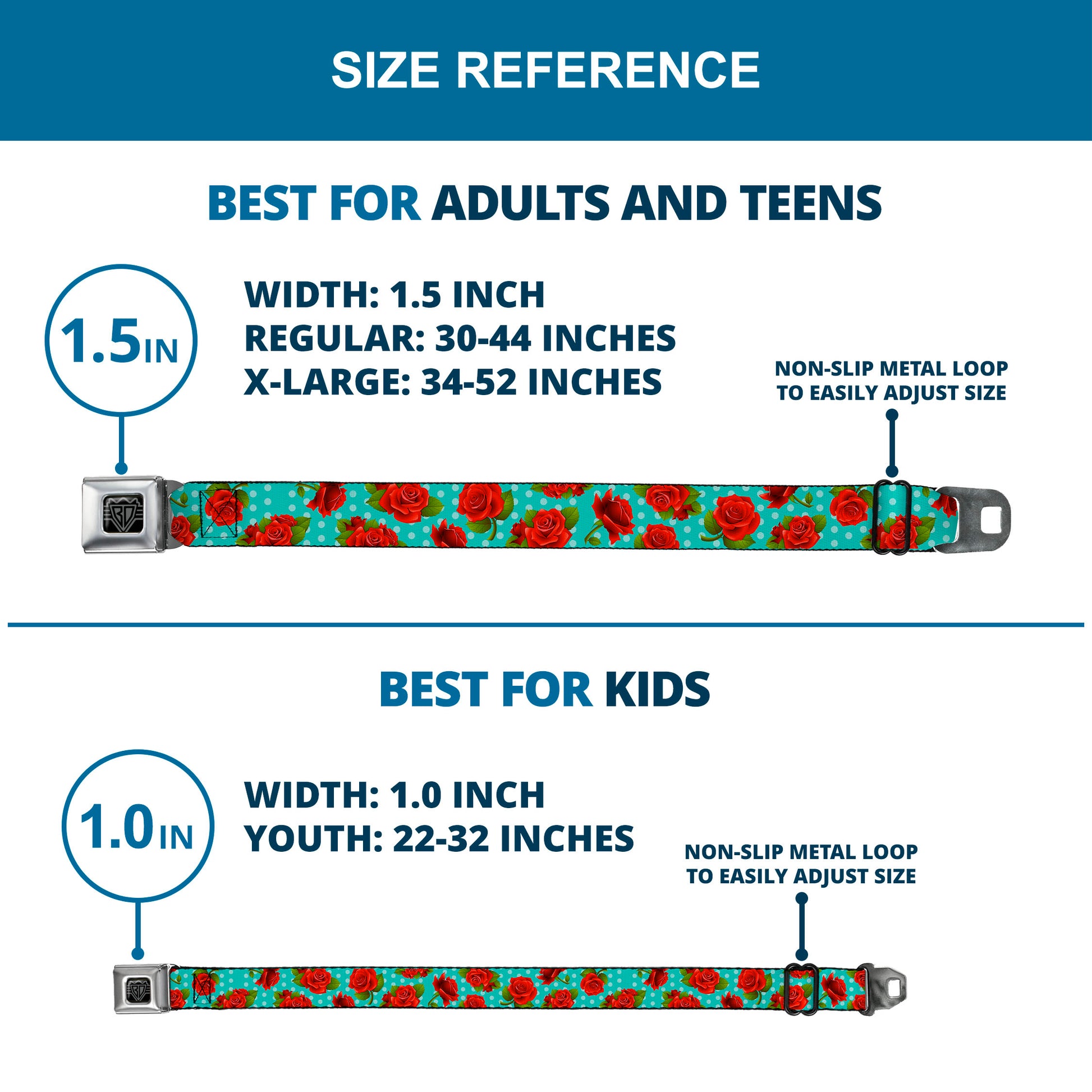 BD Wings Logo CLOSE-UP Full Color Black Silver Seatbelt Belt - Red Roses/Polka Dots Turquoise Webbing Seatbelt Belts Buckle-Down