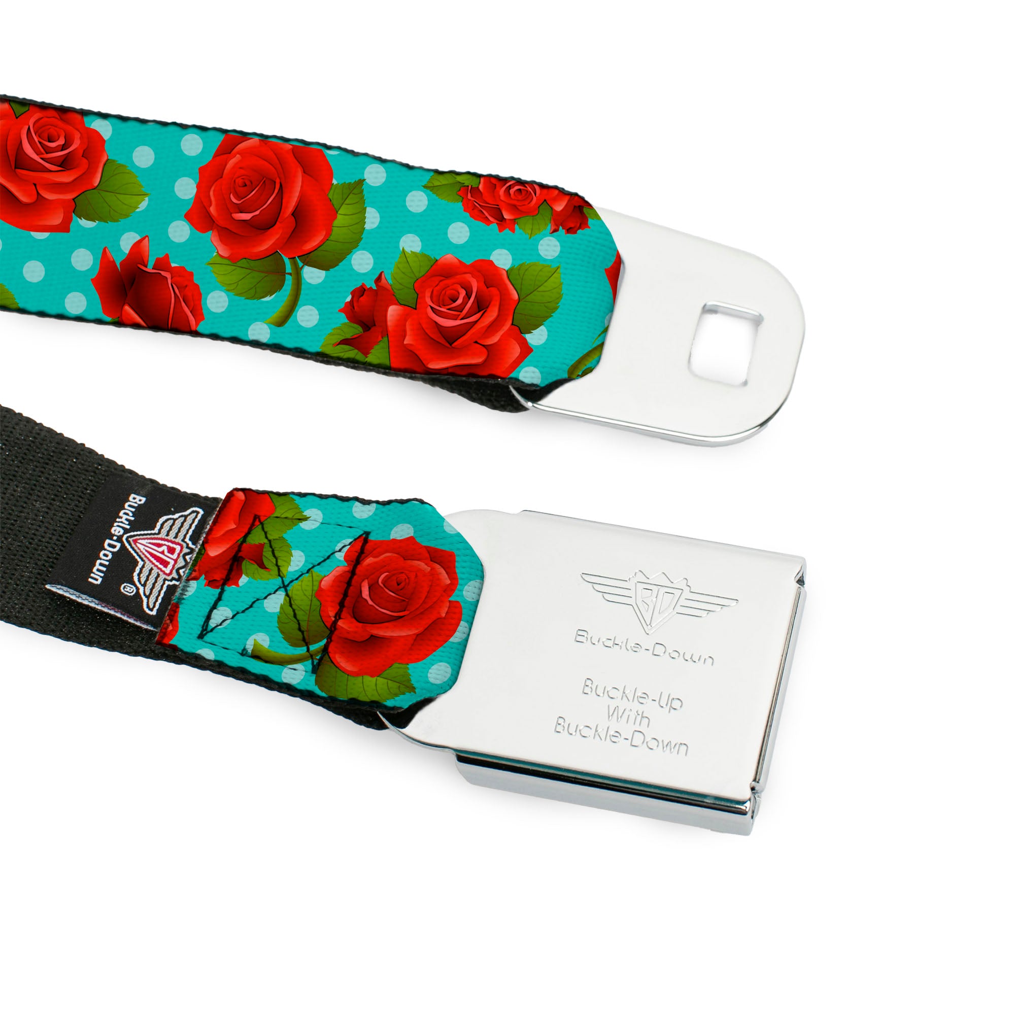 BD Wings Logo CLOSE-UP Full Color Black Silver Seatbelt Belt - Red Roses/Polka Dots Turquoise Webbing Seatbelt Belts Buckle-Down