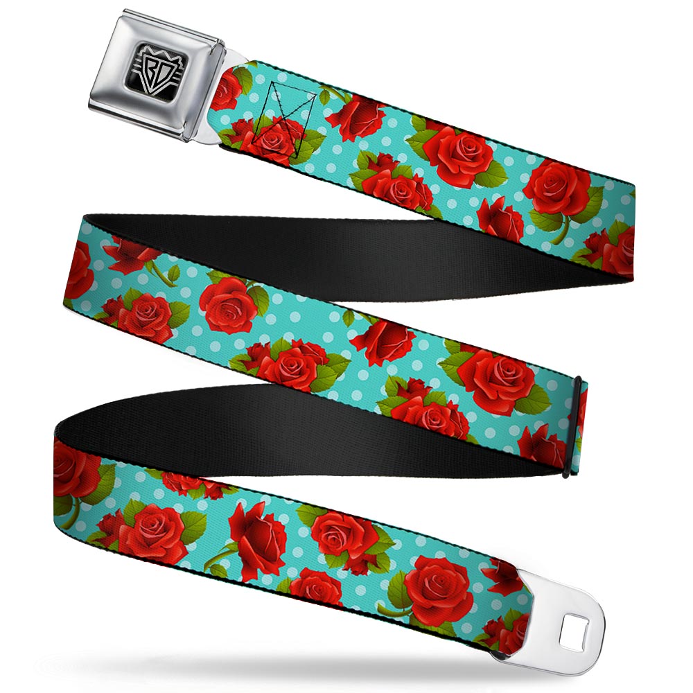 BD Wings Logo CLOSE-UP Full Color Black Silver Seatbelt Belt - Red Roses/Polka Dots Turquoise Webbing Seatbelt Belts Buckle-Down