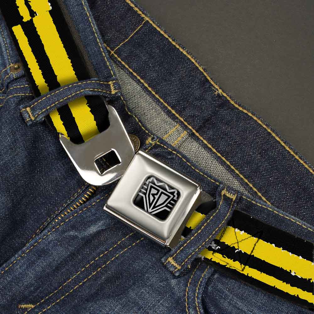 BD Wings Logo CLOSE-UP Full Color Black Silver Seatbelt Belt - Racing Stripe2 Weathered Black/Yellow Webbing Seatbelt Belts Buckle-Down