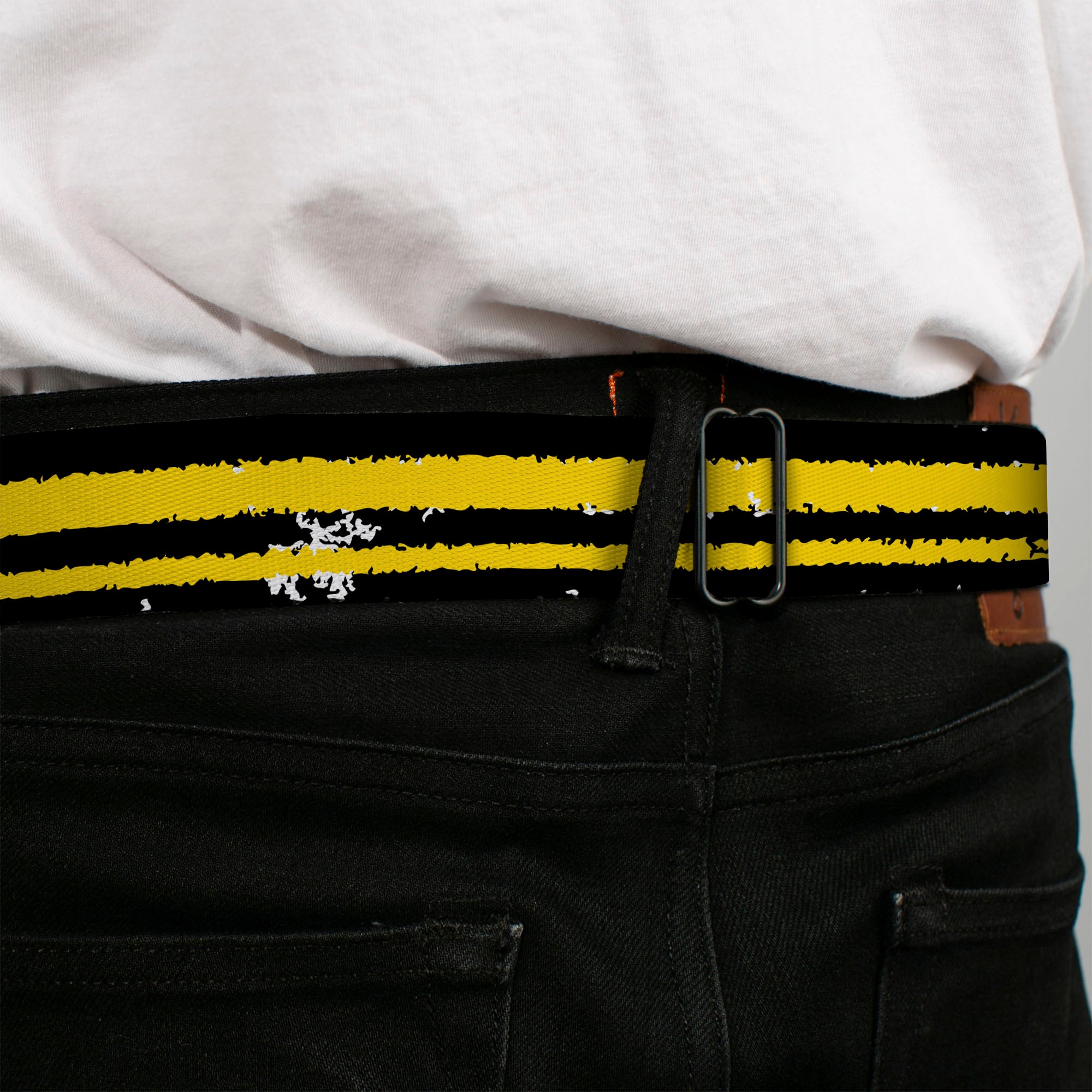 BD Wings Logo CLOSE-UP Full Color Black Silver Seatbelt Belt - Racing Stripe2 Weathered Black/Yellow Webbing Seatbelt Belts Buckle-Down