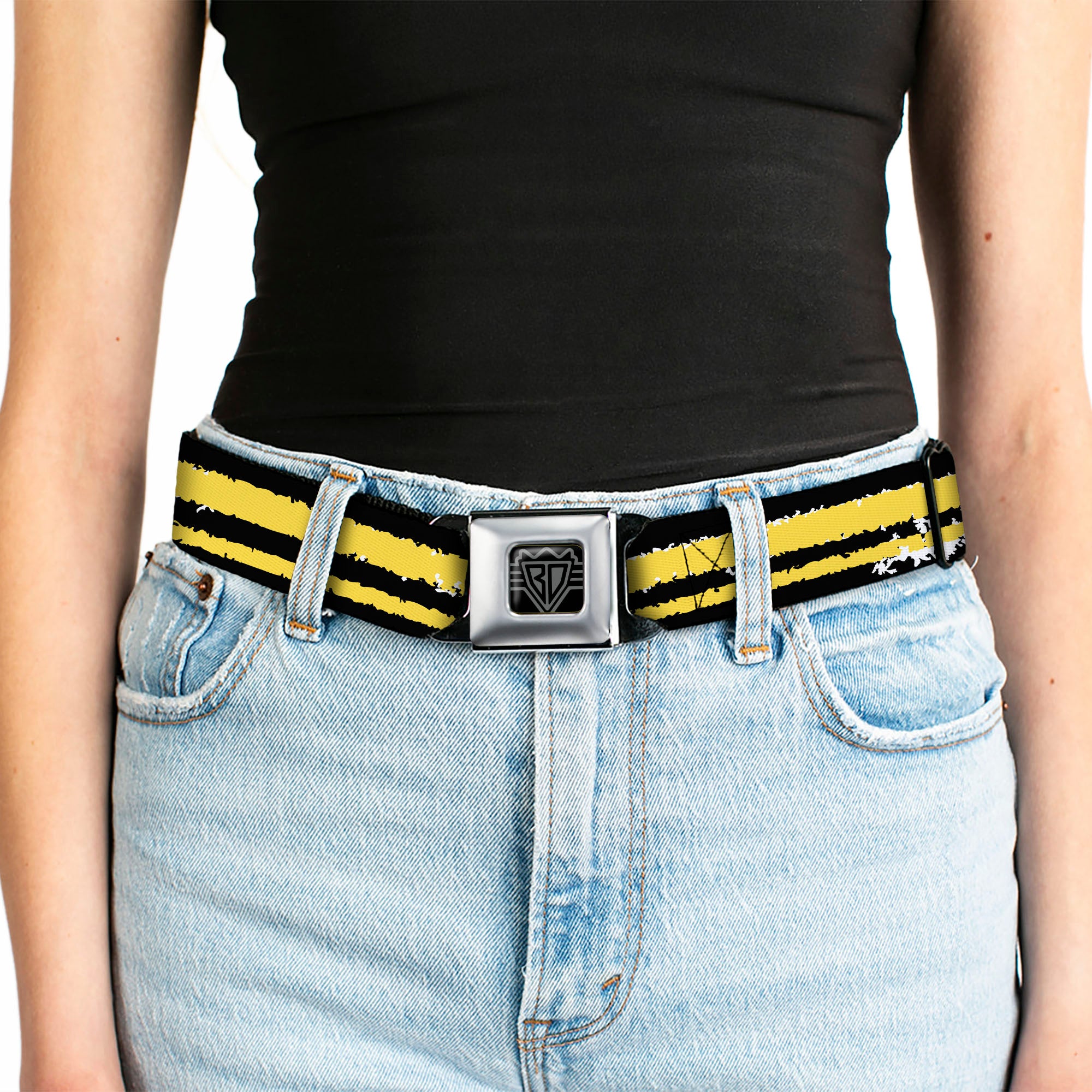BD Wings Logo CLOSE-UP Full Color Black Silver Seatbelt Belt - Racing Stripe2 Weathered Black/Yellow Webbing Seatbelt Belts Buckle-Down