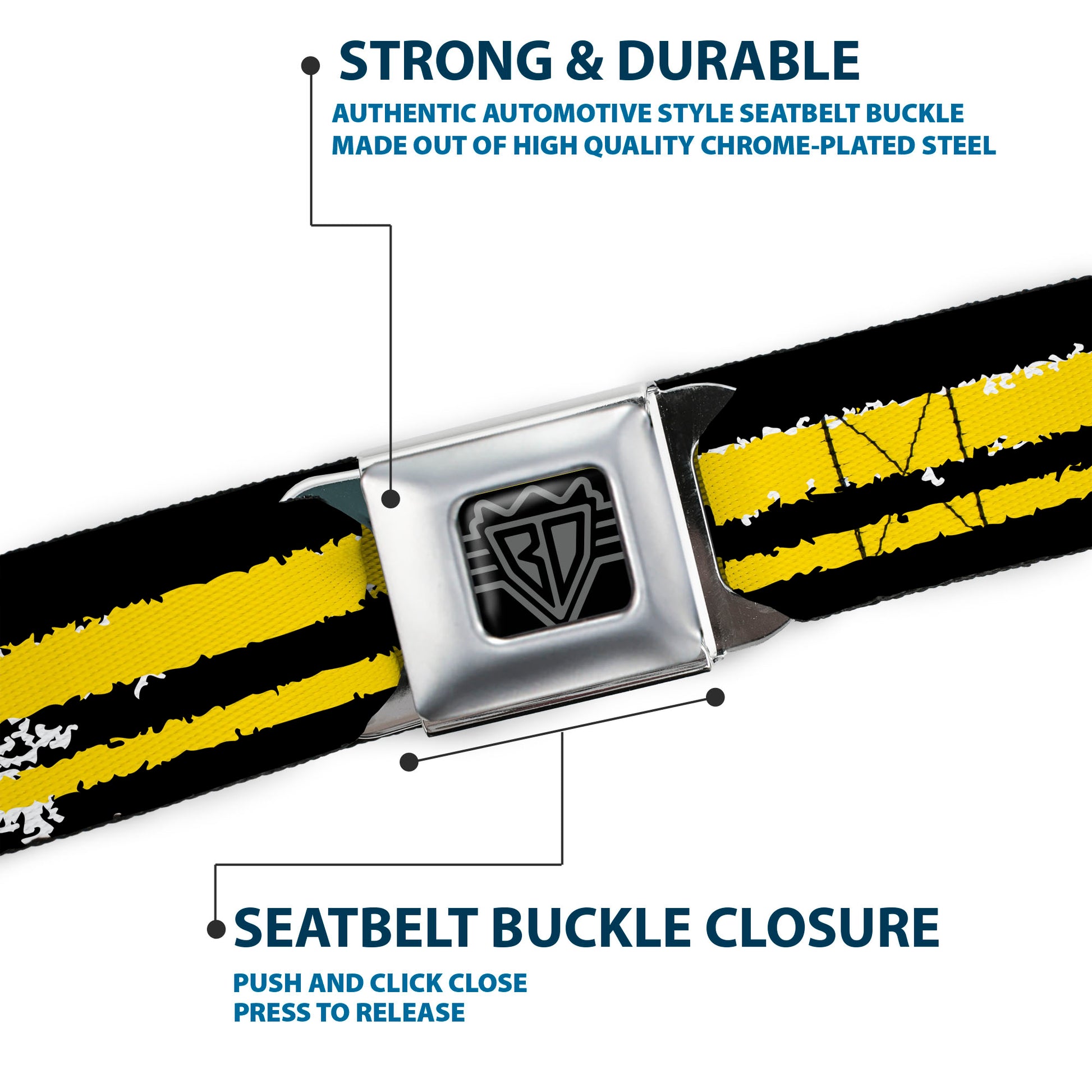 BD Wings Logo CLOSE-UP Full Color Black Silver Seatbelt Belt - Racing Stripe2 Weathered Black/Yellow Webbing Seatbelt Belts Buckle-Down