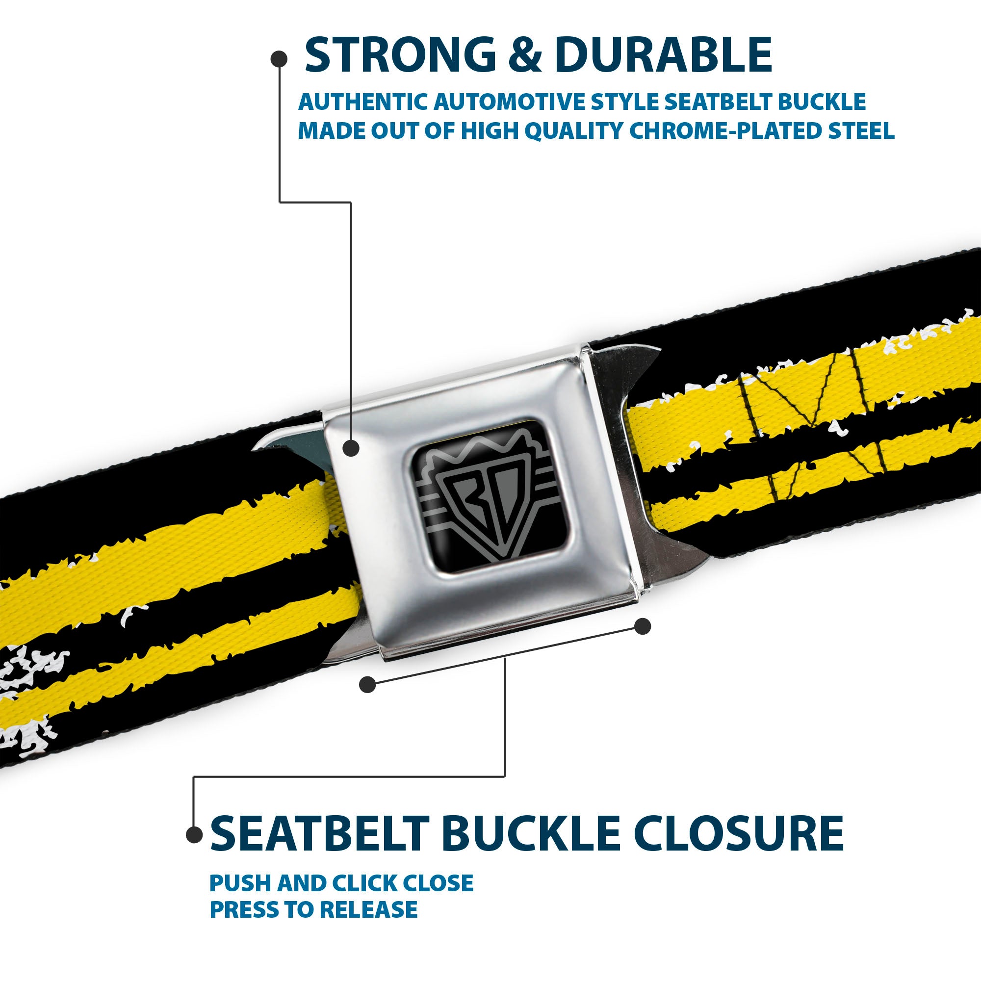 BD Wings Logo CLOSE-UP Full Color Black Silver Seatbelt Belt - Racing Stripe2 Weathered Black/Yellow Webbing Seatbelt Belts Buckle-Down