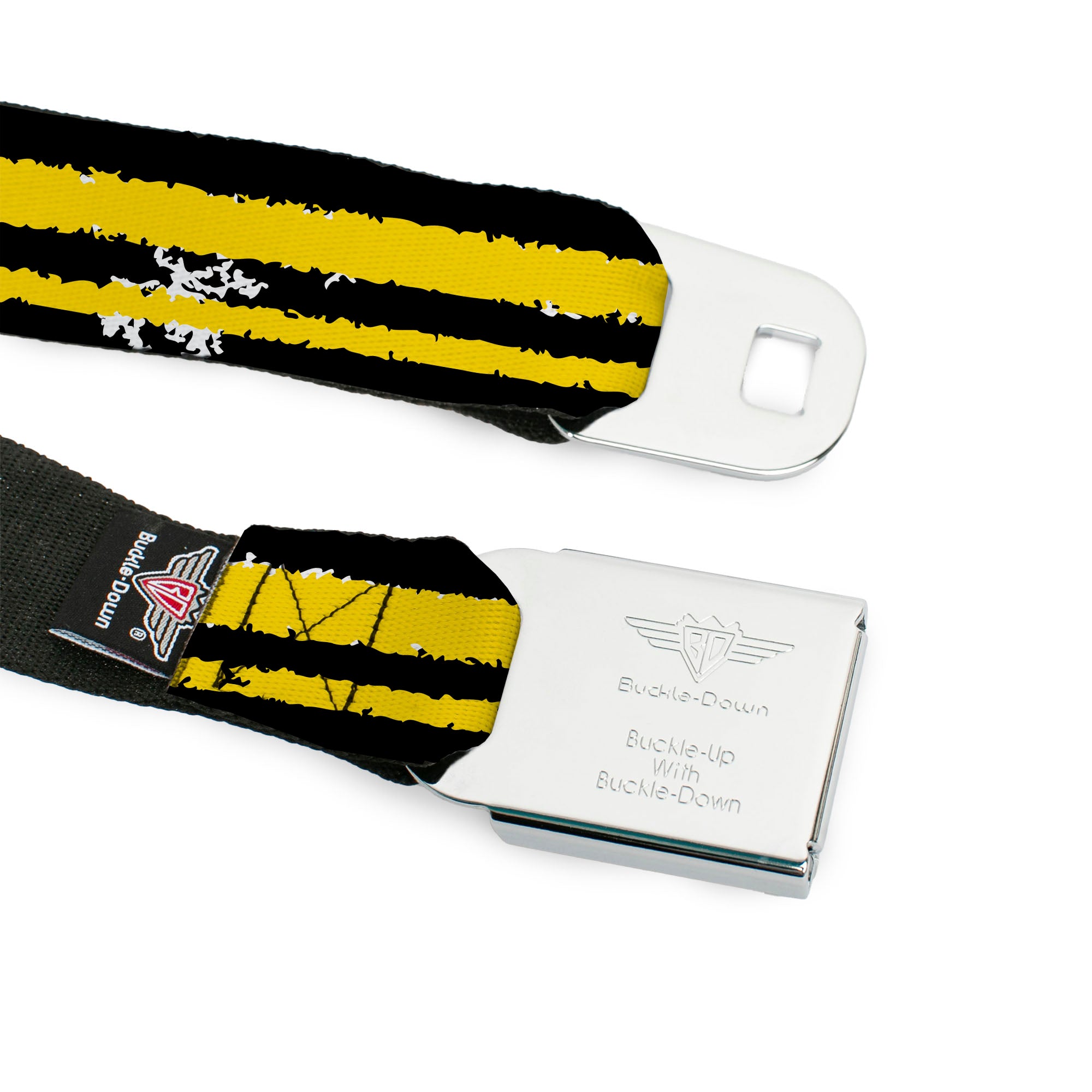 BD Wings Logo CLOSE-UP Full Color Black Silver Seatbelt Belt - Racing Stripe2 Weathered Black/Yellow Webbing Seatbelt Belts Buckle-Down