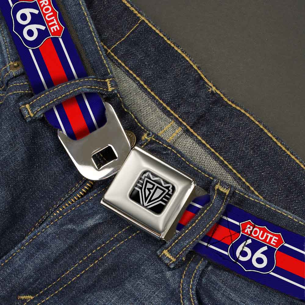 BD Wings Logo CLOSE-UP Full Color Black Silver Seatbelt Belt - ROUTE 66 Highway Sign/Stripe Blue/White/Red Webbing Seatbelt Belts Buckle-Down