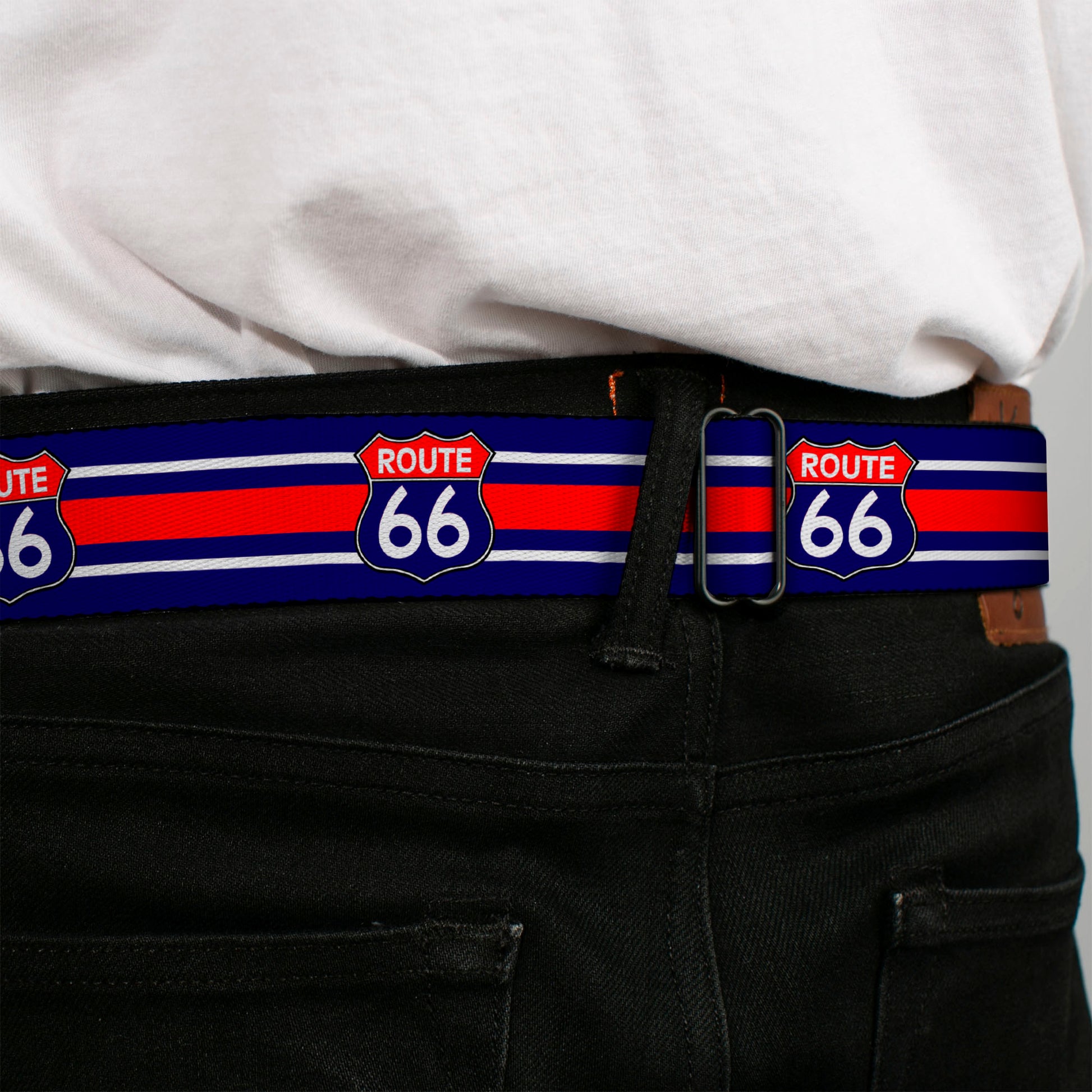 BD Wings Logo CLOSE-UP Full Color Black Silver Seatbelt Belt - ROUTE 66 Highway Sign/Stripe Blue/White/Red Webbing Seatbelt Belts Buckle-Down