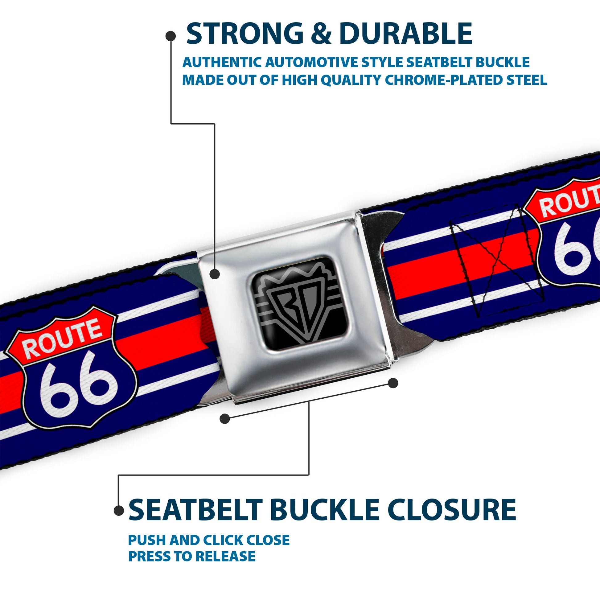 BD Wings Logo CLOSE-UP Full Color Black Silver Seatbelt Belt - ROUTE 66 Highway Sign/Stripe Blue/White/Red Webbing Seatbelt Belts Buckle-Down