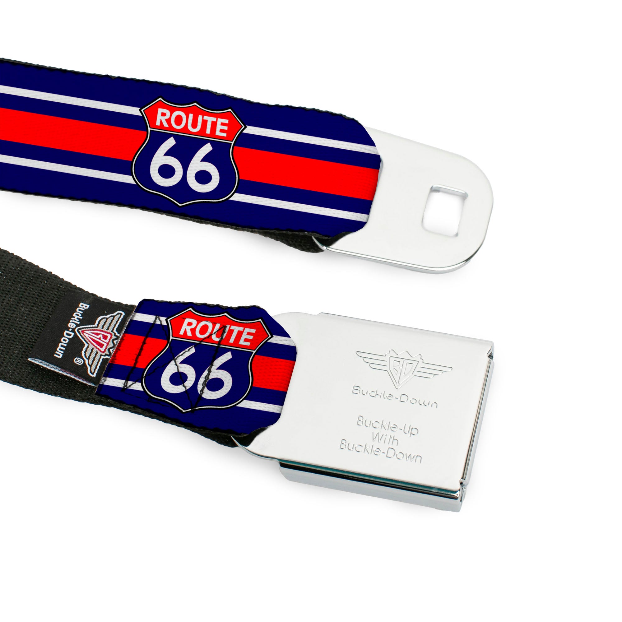 BD Wings Logo CLOSE-UP Full Color Black Silver Seatbelt Belt - ROUTE 66 Highway Sign/Stripe Blue/White/Red Webbing Seatbelt Belts Buckle-Down