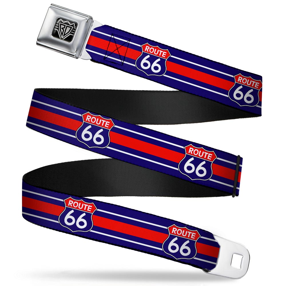 BD Wings Logo CLOSE-UP Full Color Black Silver Seatbelt Belt - ROUTE 66 Highway Sign/Stripe Blue/White/Red Webbing Seatbelt Belts Buckle-Down