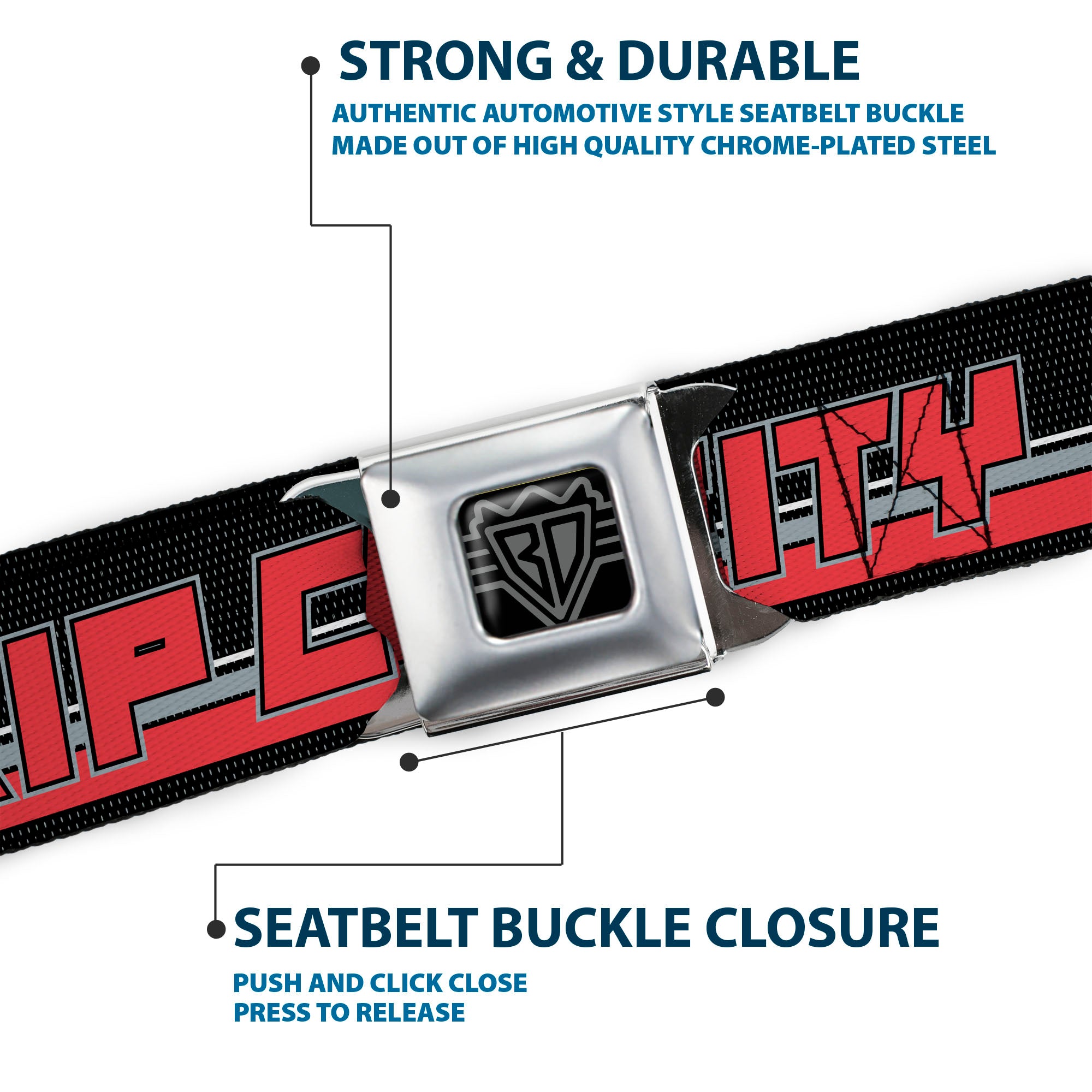 BD Wings Logo CLOSE-UP Full Color Black Silver Seatbelt Belt - RIP CITY/Stripe/Mesh Black/Gray/Red Webbing Seatbelt Belts Buckle-Down