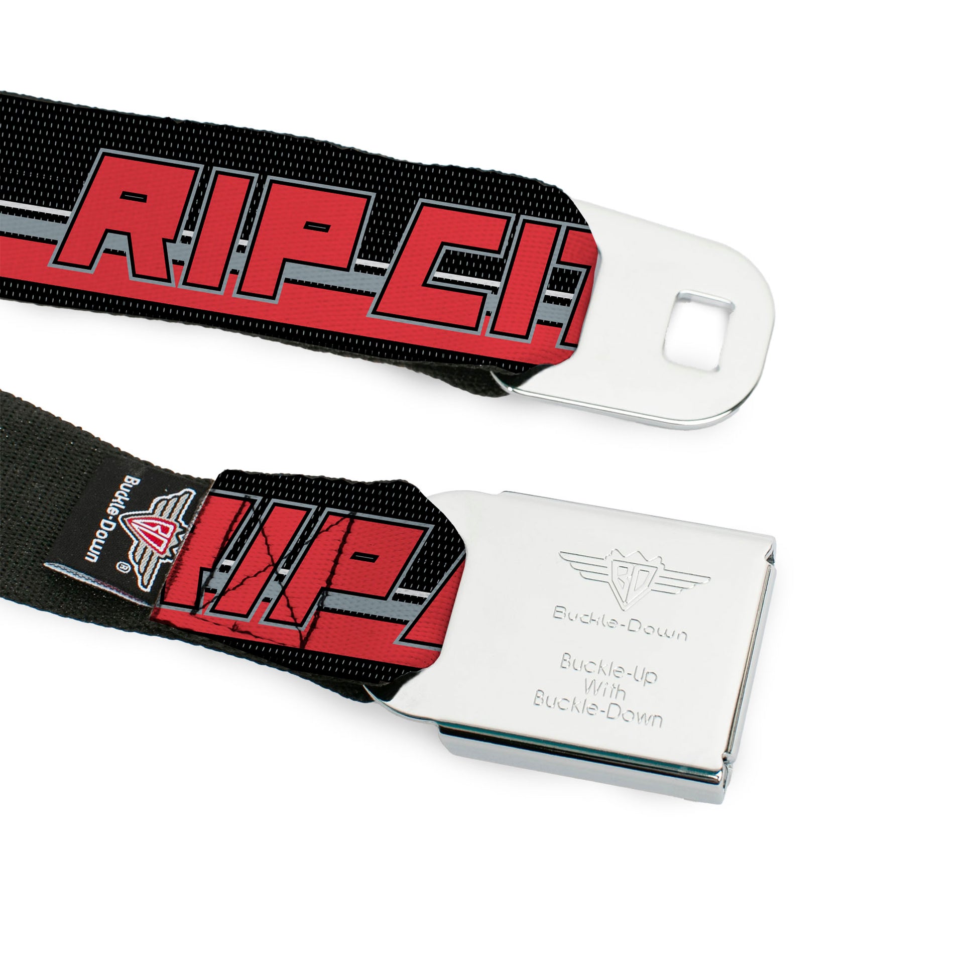 BD Wings Logo CLOSE-UP Full Color Black Silver Seatbelt Belt - RIP CITY/Stripe/Mesh Black/Gray/Red Webbing Seatbelt Belts Buckle-Down