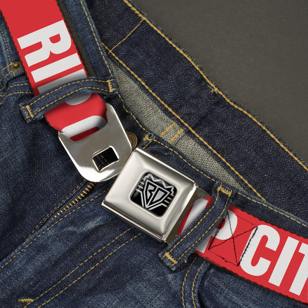 BD Wings Logo CLOSE-UP Full Color Black Silver Seatbelt Belt - RIP CITY Red/White Webbing Seatbelt Belts Buckle-Down