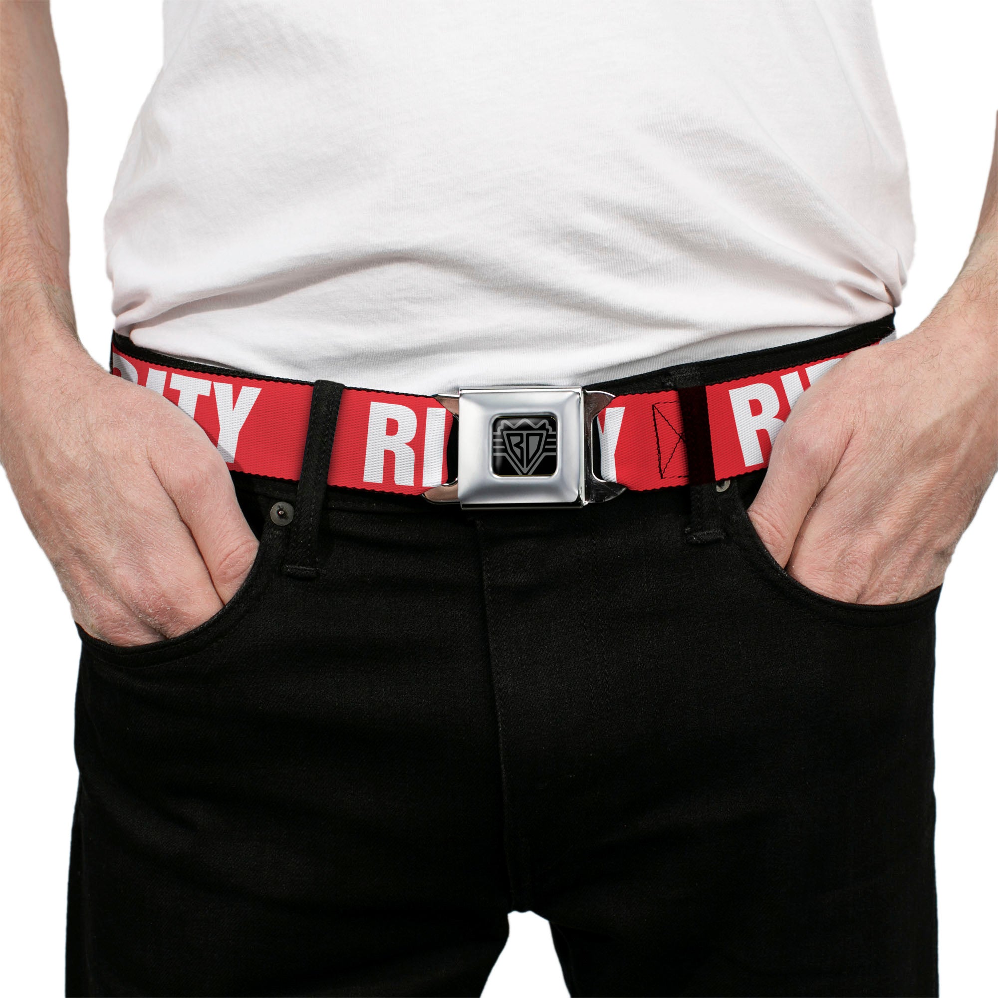 BD Wings Logo CLOSE-UP Full Color Black Silver Seatbelt Belt - RIP CITY Red/White Webbing Seatbelt Belts Buckle-Down