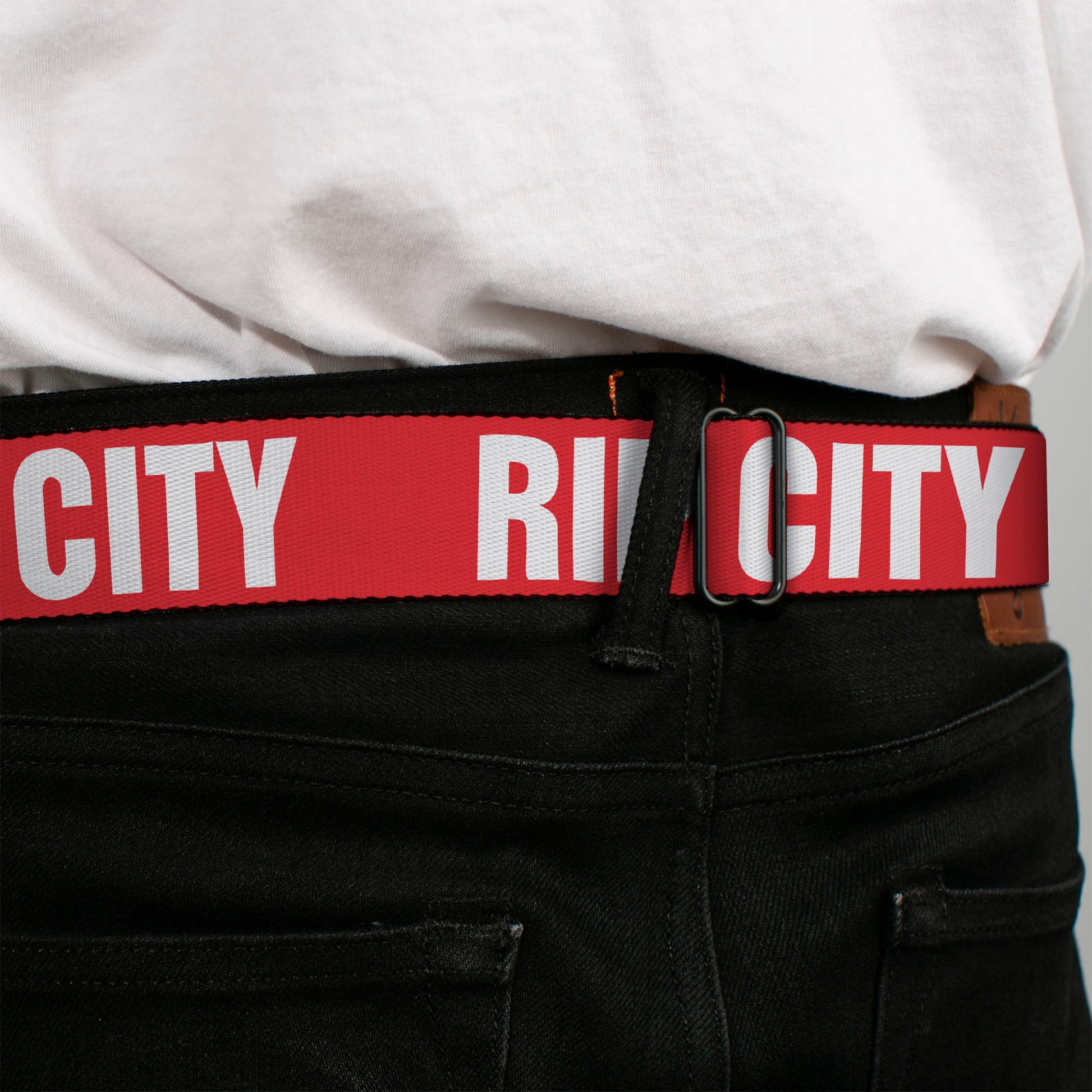 BD Wings Logo CLOSE-UP Full Color Black Silver Seatbelt Belt - RIP CITY Red/White Webbing Seatbelt Belts Buckle-Down