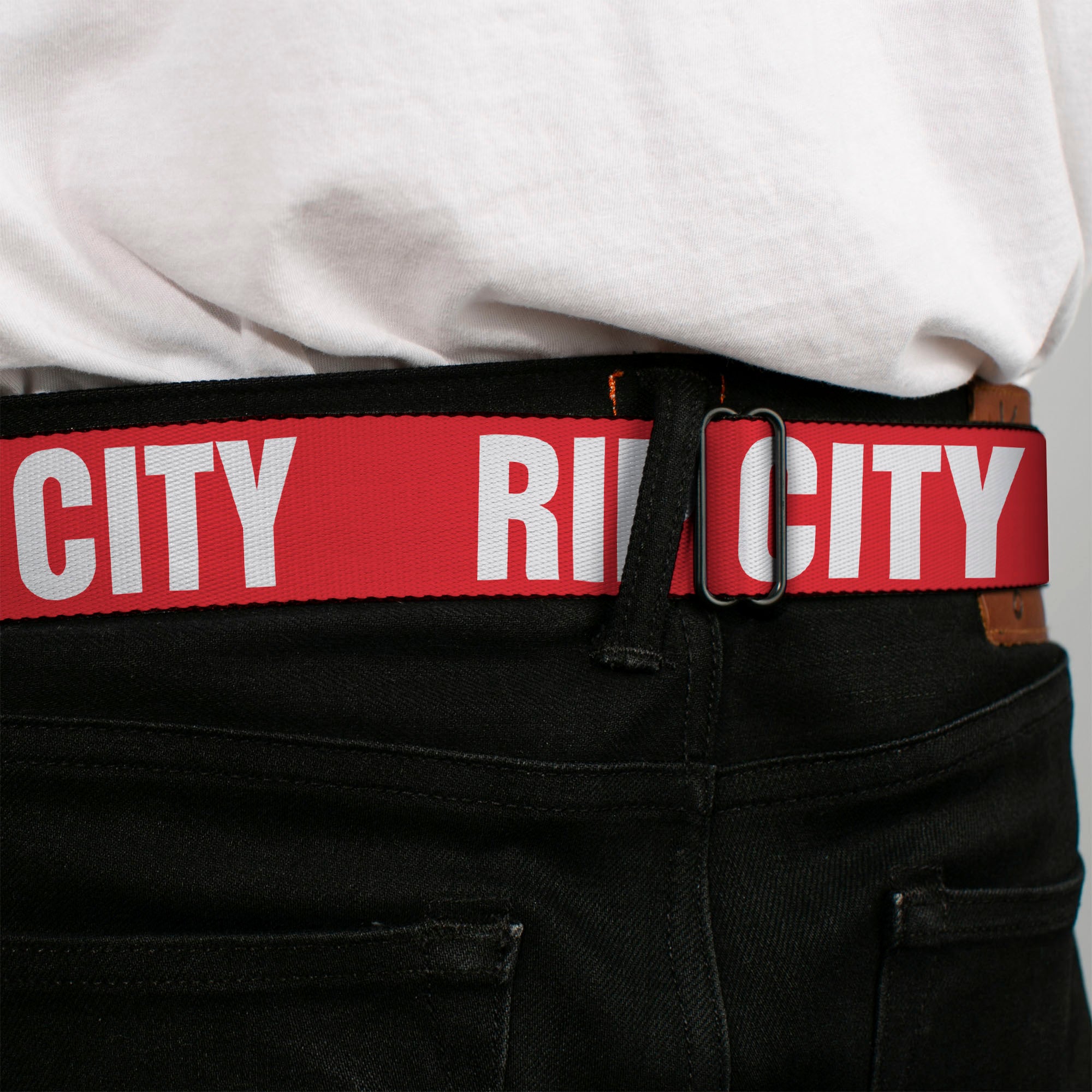 BD Wings Logo CLOSE-UP Full Color Black Silver Seatbelt Belt - RIP CITY Red/White Webbing Seatbelt Belts Buckle-Down