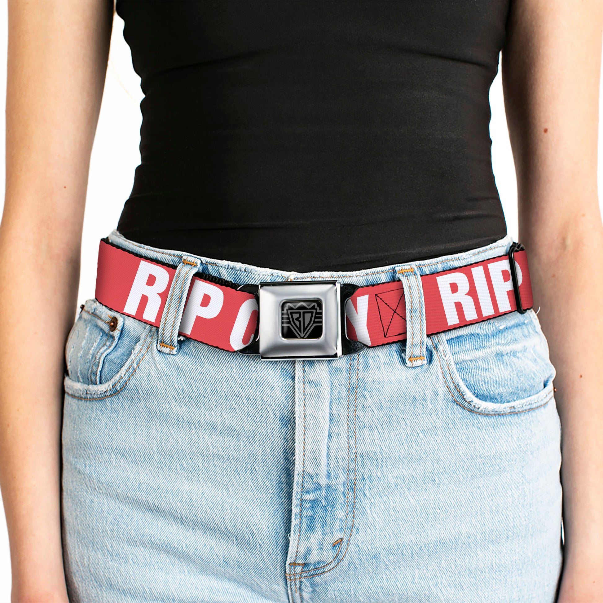 BD Wings Logo CLOSE-UP Full Color Black Silver Seatbelt Belt - RIP CITY Red/White Webbing Seatbelt Belts Buckle-Down