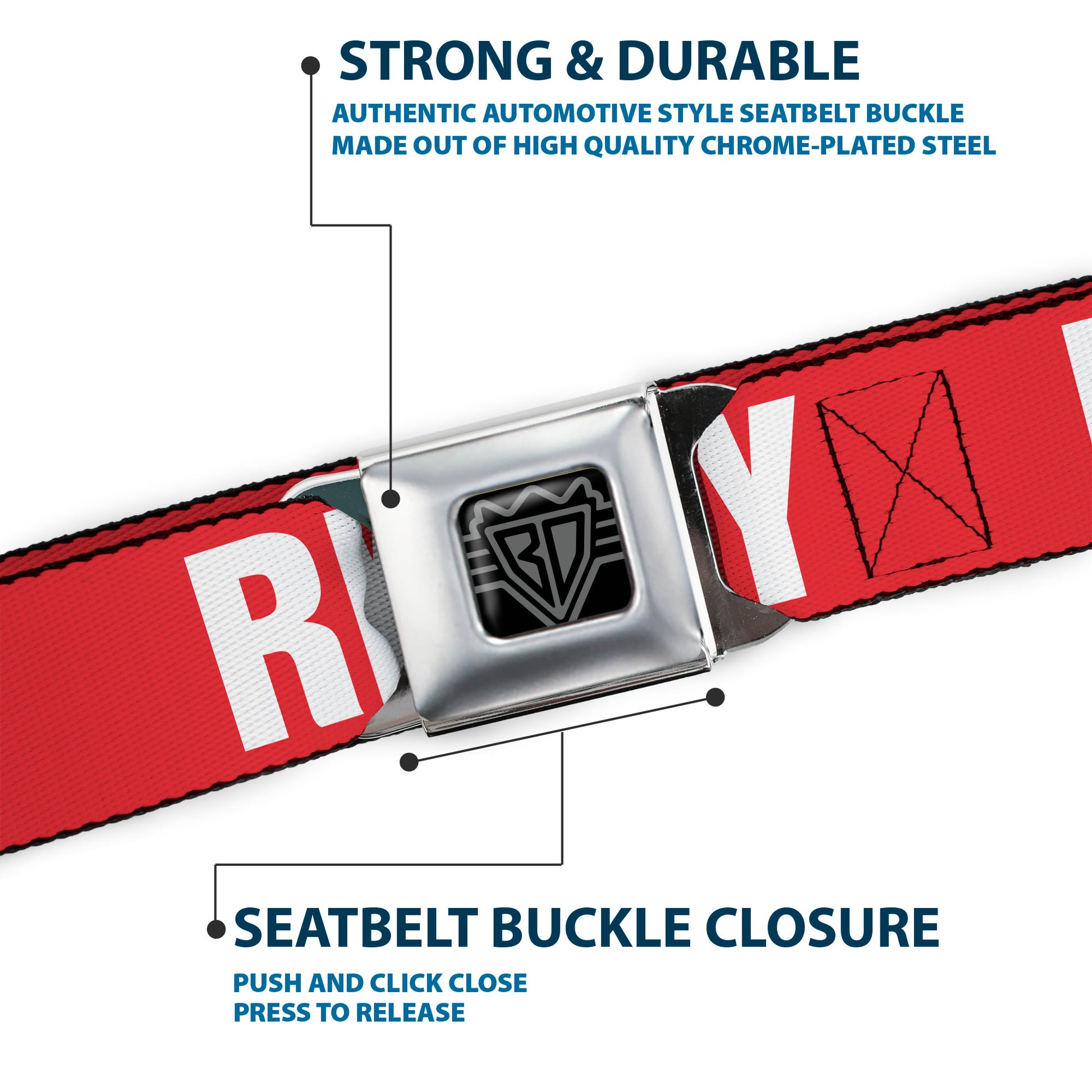 BD Wings Logo CLOSE-UP Full Color Black Silver Seatbelt Belt - RIP CITY Red/White Webbing Seatbelt Belts Buckle-Down