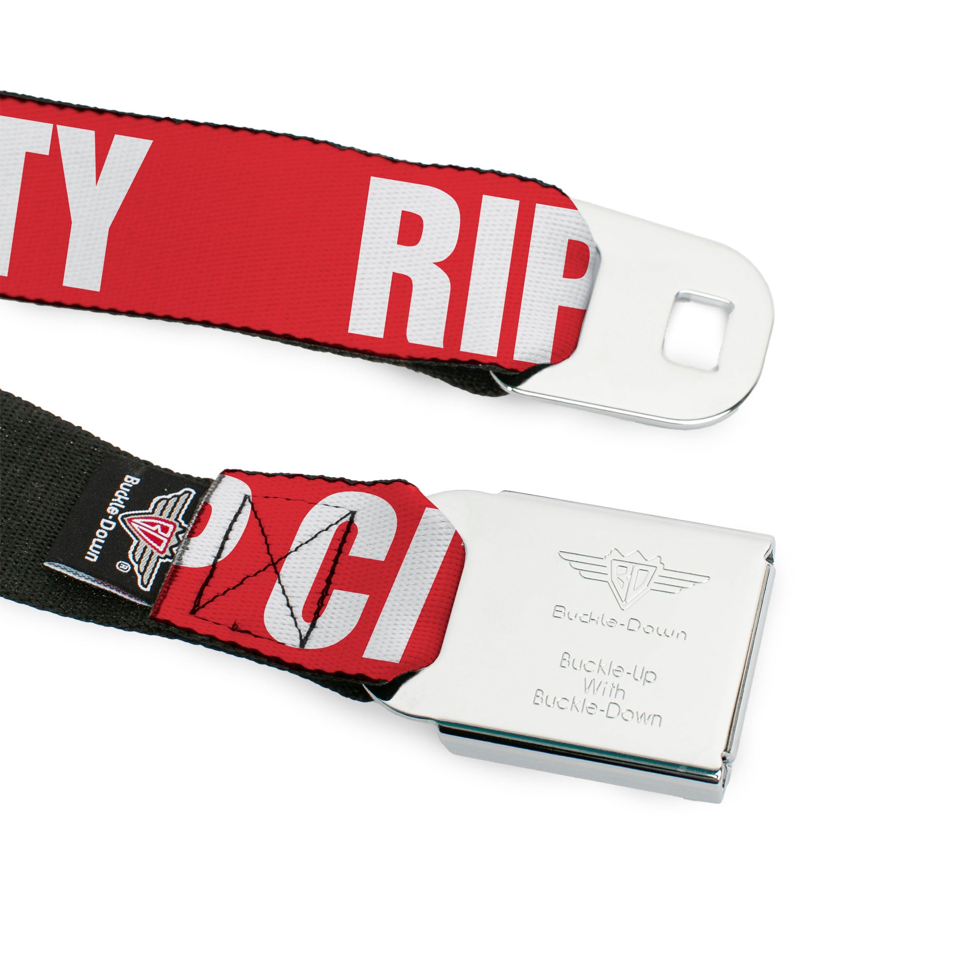 BD Wings Logo CLOSE-UP Full Color Black Silver Seatbelt Belt - RIP CITY Red/White Webbing Seatbelt Belts Buckle-Down