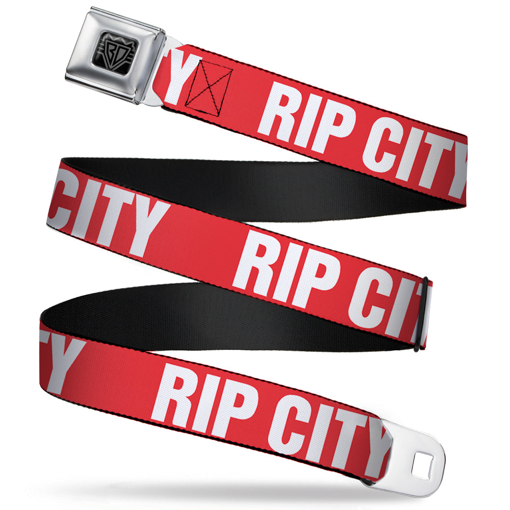 BD Wings Logo CLOSE-UP Full Color Black Silver Seatbelt Belt - RIP CITY Red/White Webbing Seatbelt Belts Buckle-Down
