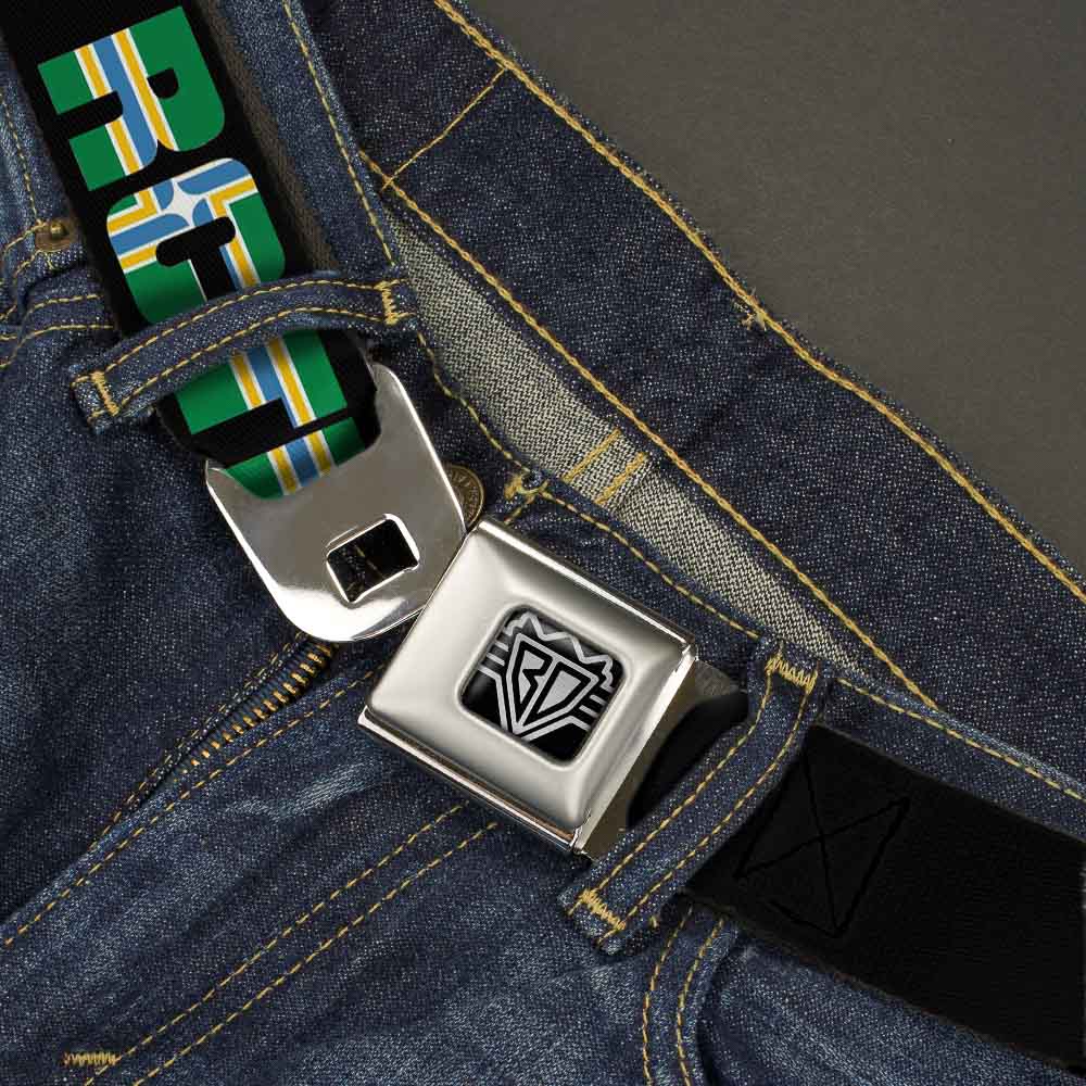 BD Wings Logo CLOSE-UP Full Color Black Silver Seatbelt Belt - RCTID Black/Portland Flag Webbing Seatbelt Belts Buckle-Down