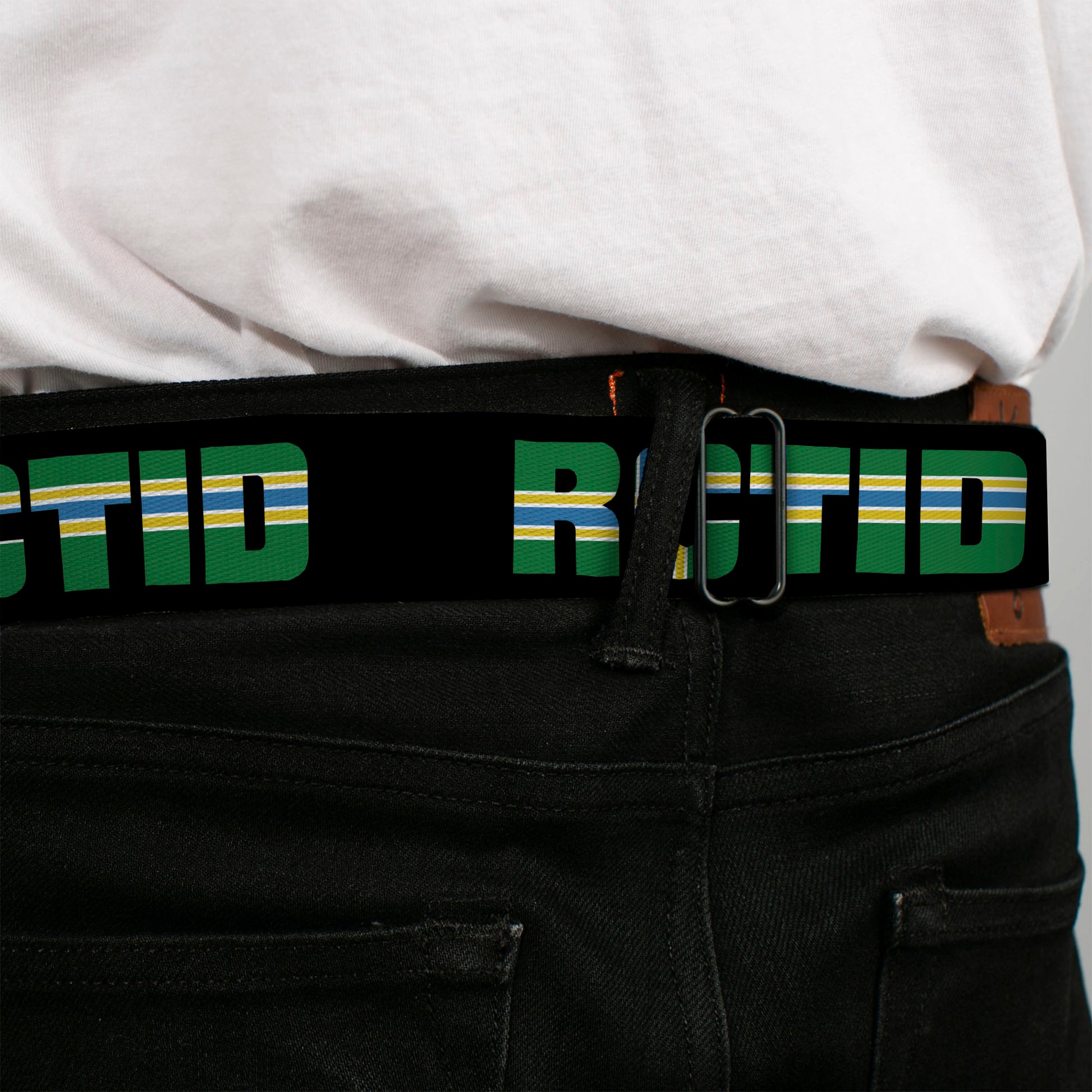 BD Wings Logo CLOSE-UP Full Color Black Silver Seatbelt Belt - RCTID Black/Portland Flag Webbing Seatbelt Belts Buckle-Down