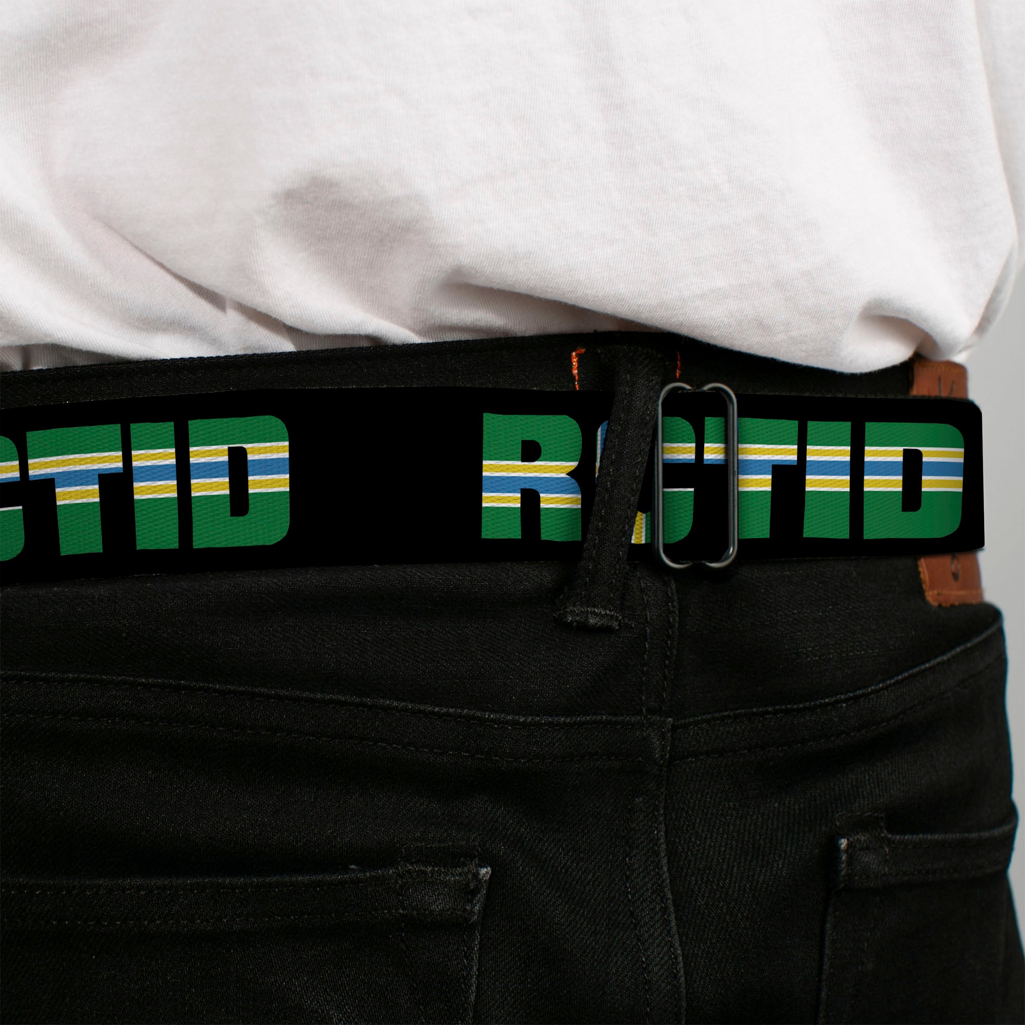 BD Wings Logo CLOSE-UP Full Color Black Silver Seatbelt Belt - RCTID Black/Portland Flag Webbing Seatbelt Belts Buckle-Down