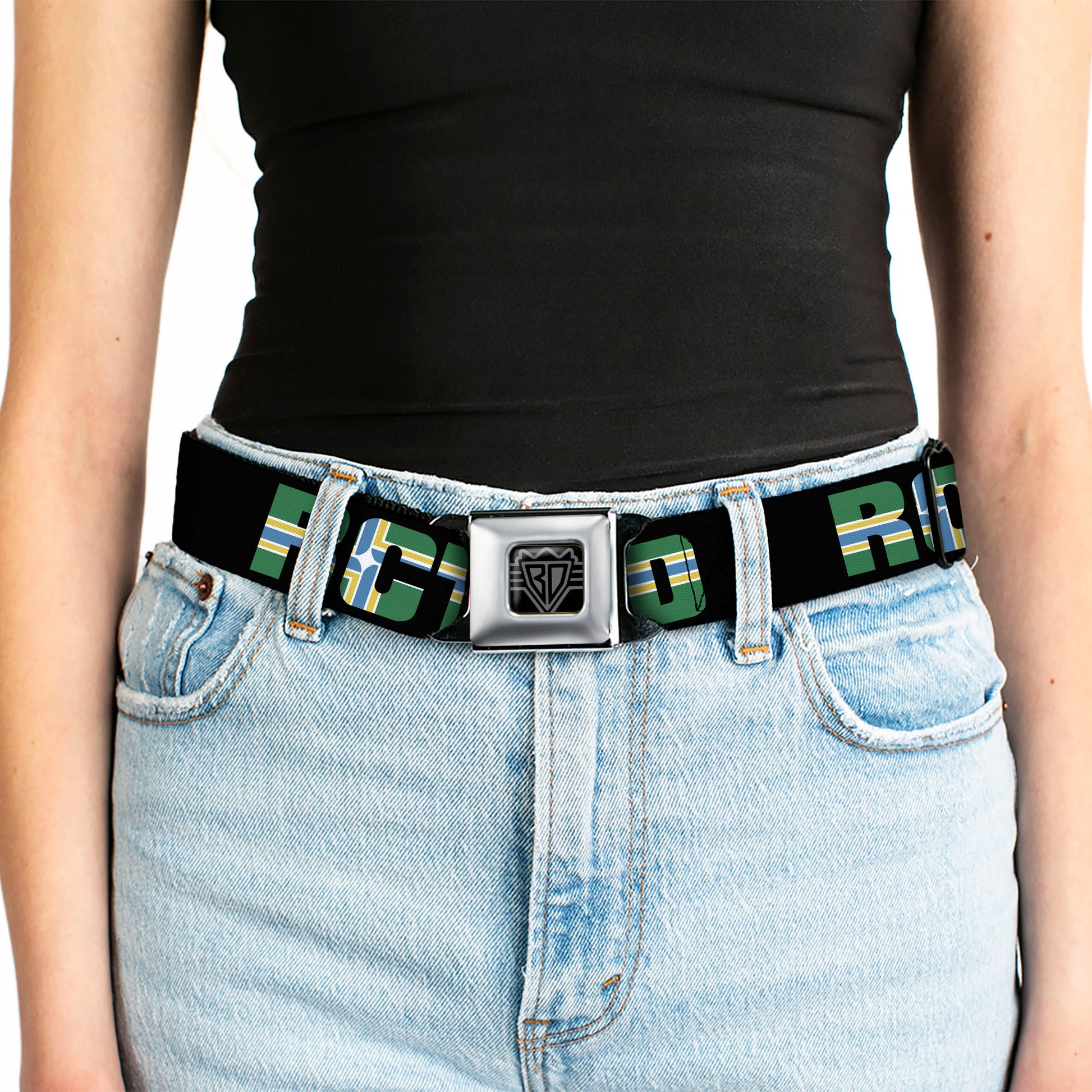 BD Wings Logo CLOSE-UP Full Color Black Silver Seatbelt Belt - RCTID Black/Portland Flag Webbing Seatbelt Belts Buckle-Down