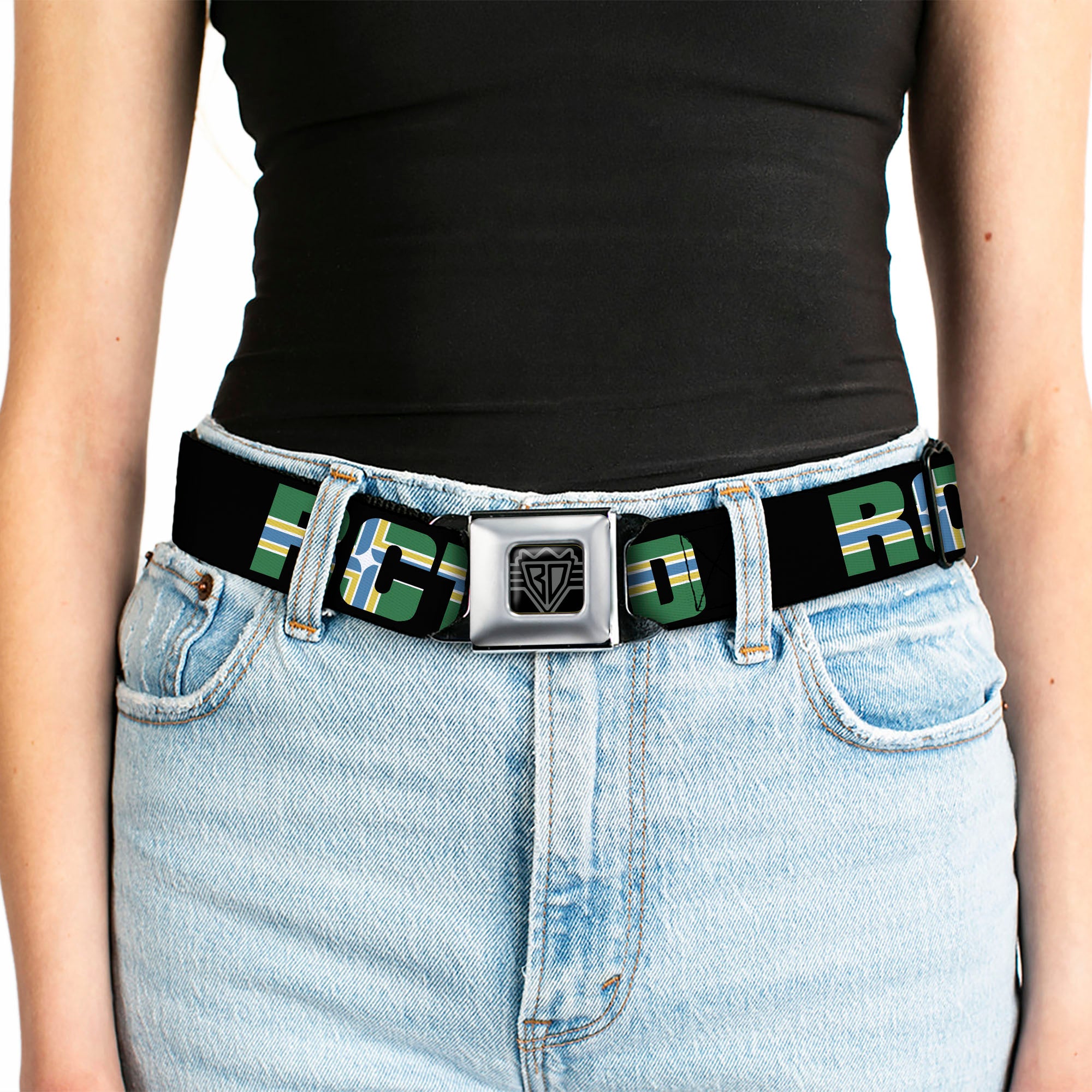 BD Wings Logo CLOSE-UP Full Color Black Silver Seatbelt Belt - RCTID Black/Portland Flag Webbing Seatbelt Belts Buckle-Down
