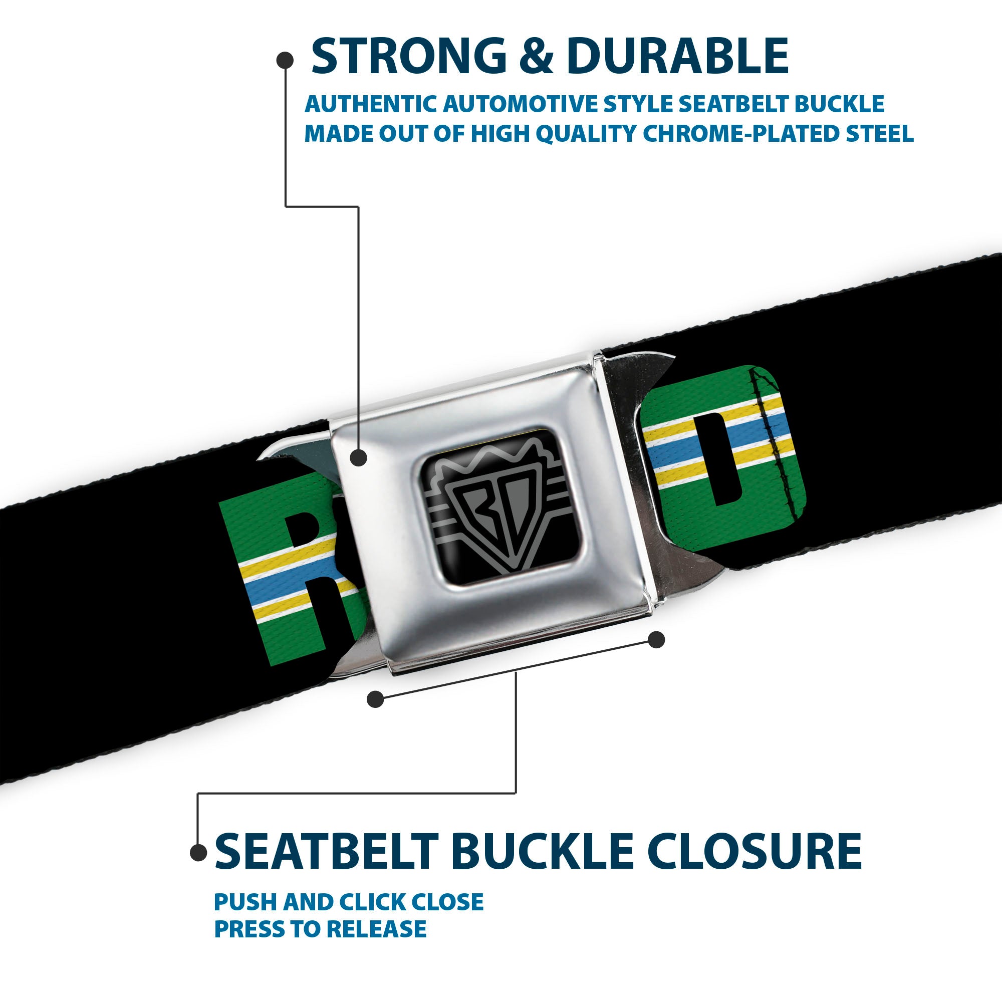 BD Wings Logo CLOSE-UP Full Color Black Silver Seatbelt Belt - RCTID Black/Portland Flag Webbing Seatbelt Belts Buckle-Down