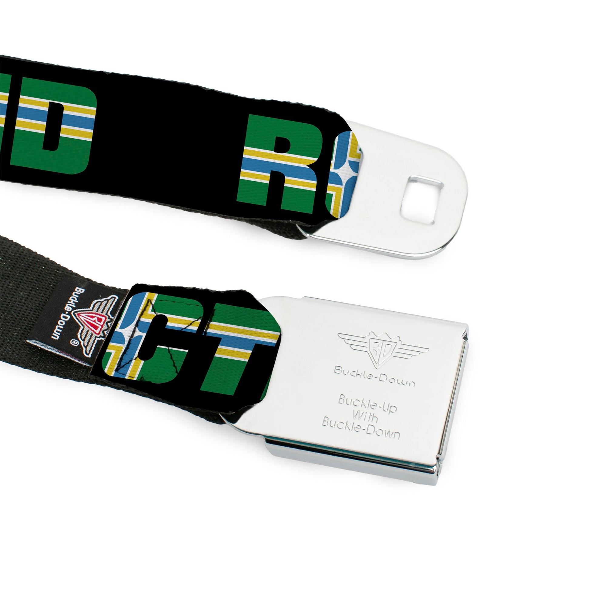 BD Wings Logo CLOSE-UP Full Color Black Silver Seatbelt Belt - RCTID Black/Portland Flag Webbing Seatbelt Belts Buckle-Down