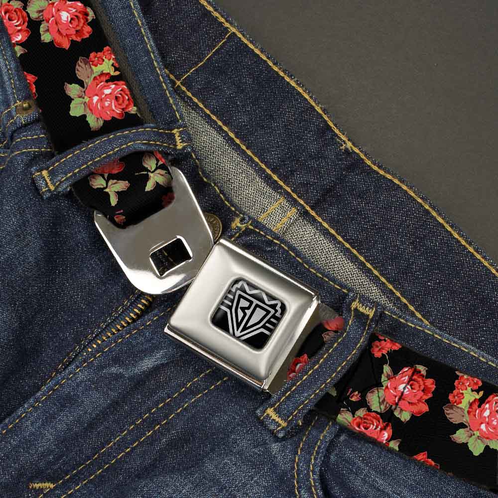 BD Wings Logo CLOSE-UP Full Color Black Silver Seatbelt Belt - Red Roses Scattered Black Webbing Seatbelt Belts Buckle-Down